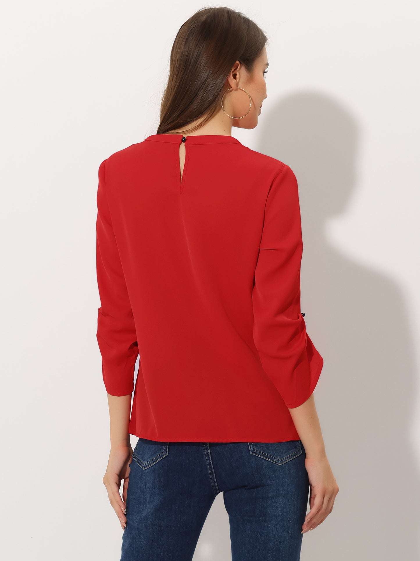 Women's Dressy Work Office Keyhole Pleated Front Ruched 3/4 Sleeve Chiffon Shirt