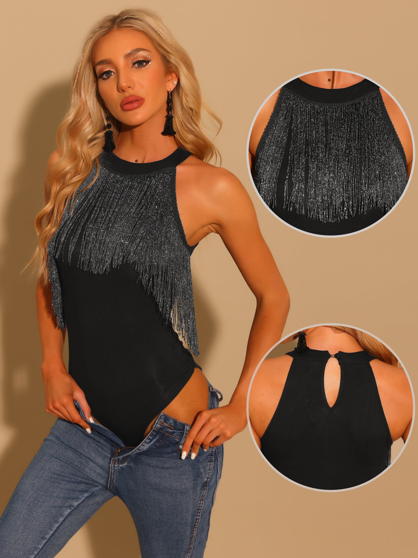 Women's Fringe Leotard Western Cowgirl Sleeveless Concert Halter Neck Bodysuit