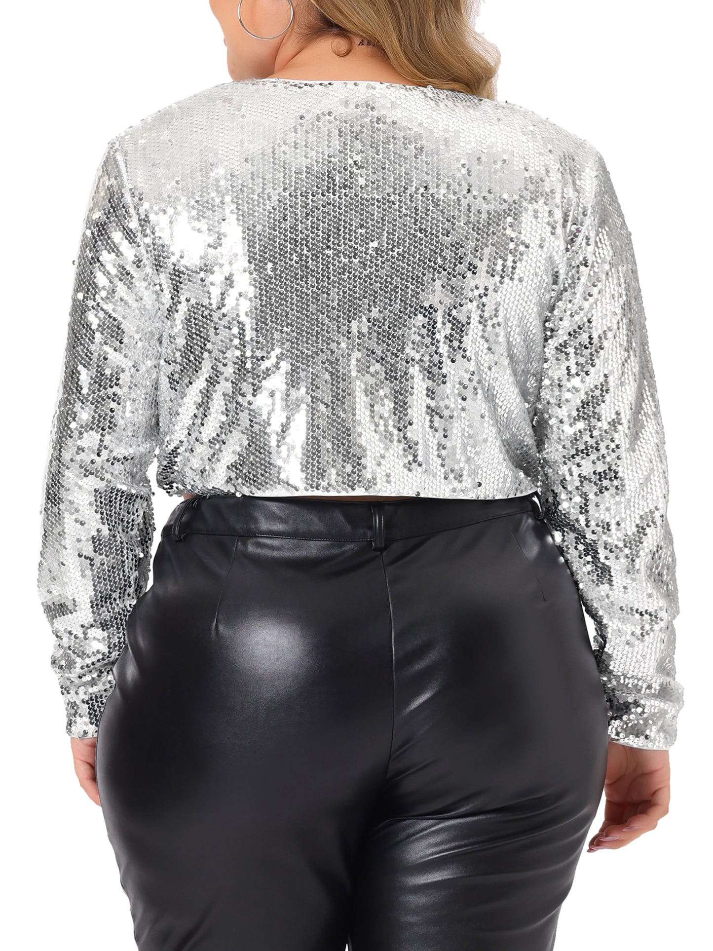 Women Plus Size Sequin Jacket Open Front Long Sleeve Party Metallic Crop Jacket