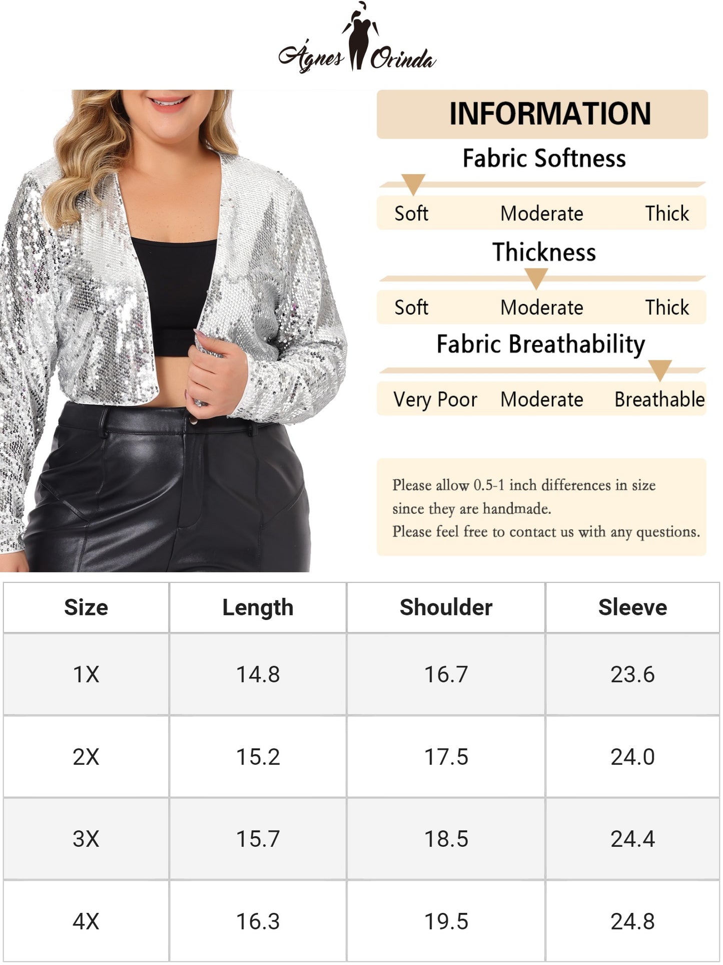 Women Plus Size Sequin Jacket Open Front Long Sleeve Party Metallic Crop Jacket