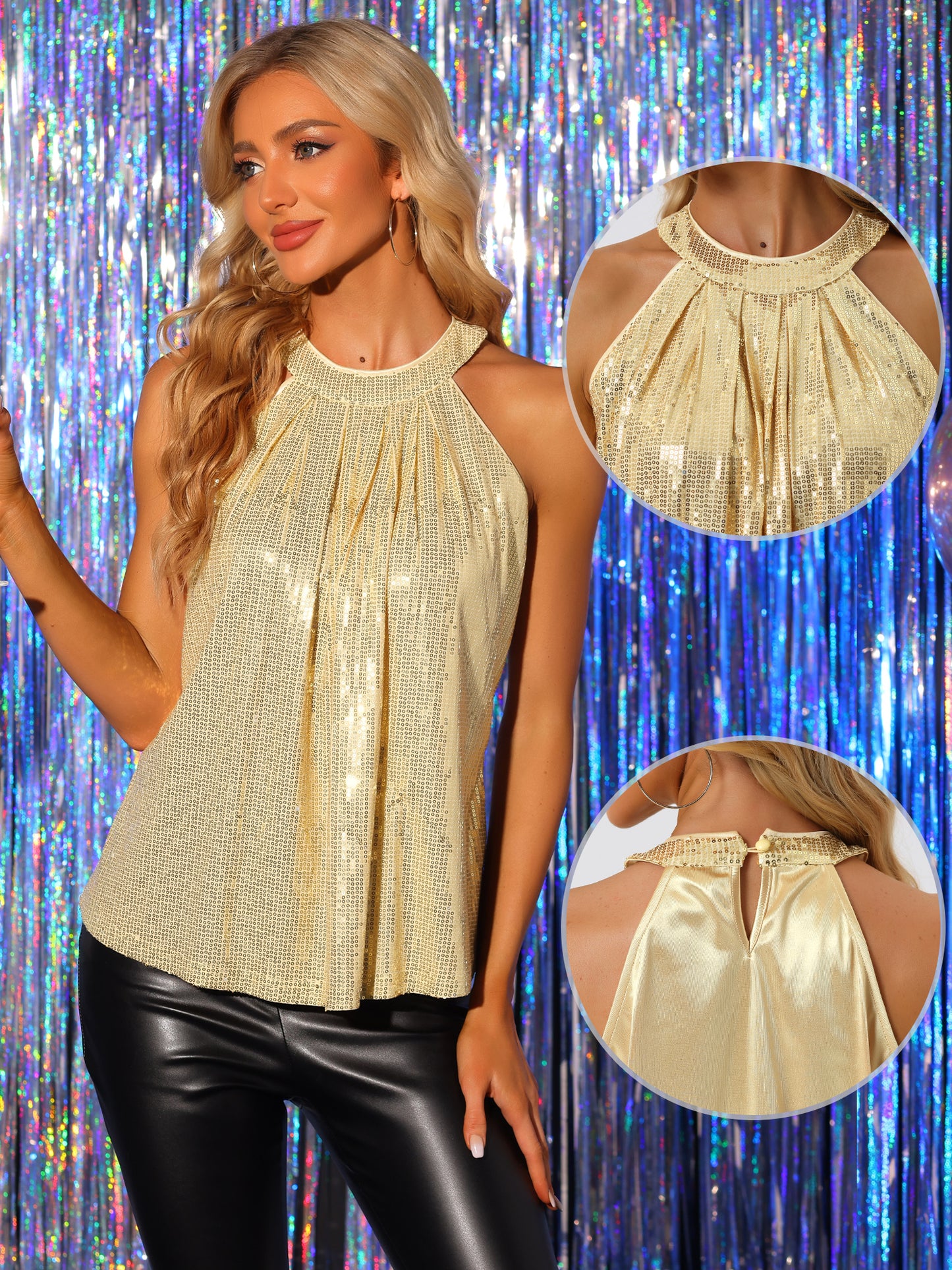 Women's Party Club Cocktail Sleeveless Tops Sparkle Vest Tank Camisole Sequin Halter Top