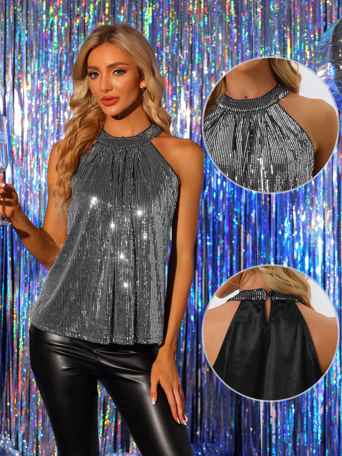 Women's Party Club Cocktail Sleeveless Tops Sparkle Vest Tank Camisole Sequin Halter Top