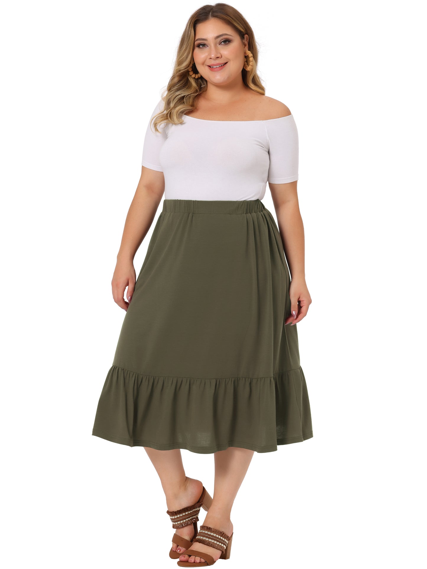 Faldas midi básicas de talla grande para mujer, elásticas, de cintura alta, con volantes, informales, de corte A