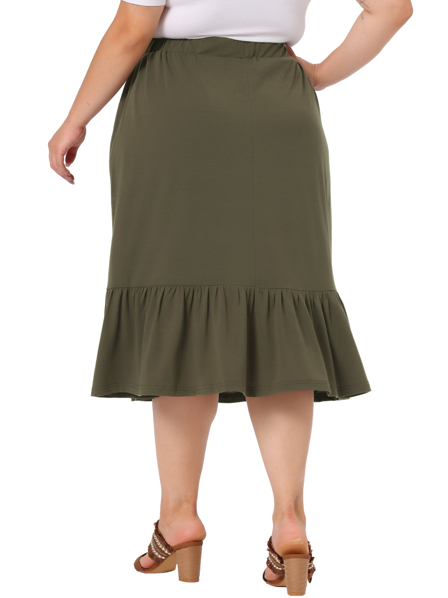 Faldas midi básicas de talla grande para mujer, elásticas, de cintura alta, con volantes, informales, de corte A