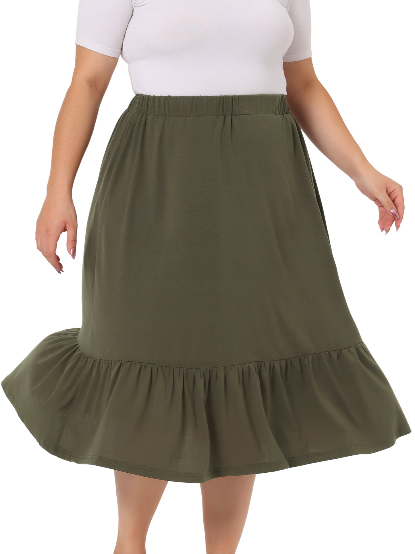 Faldas midi básicas de talla grande para mujer, elásticas, de cintura alta, con volantes, informales, de corte A