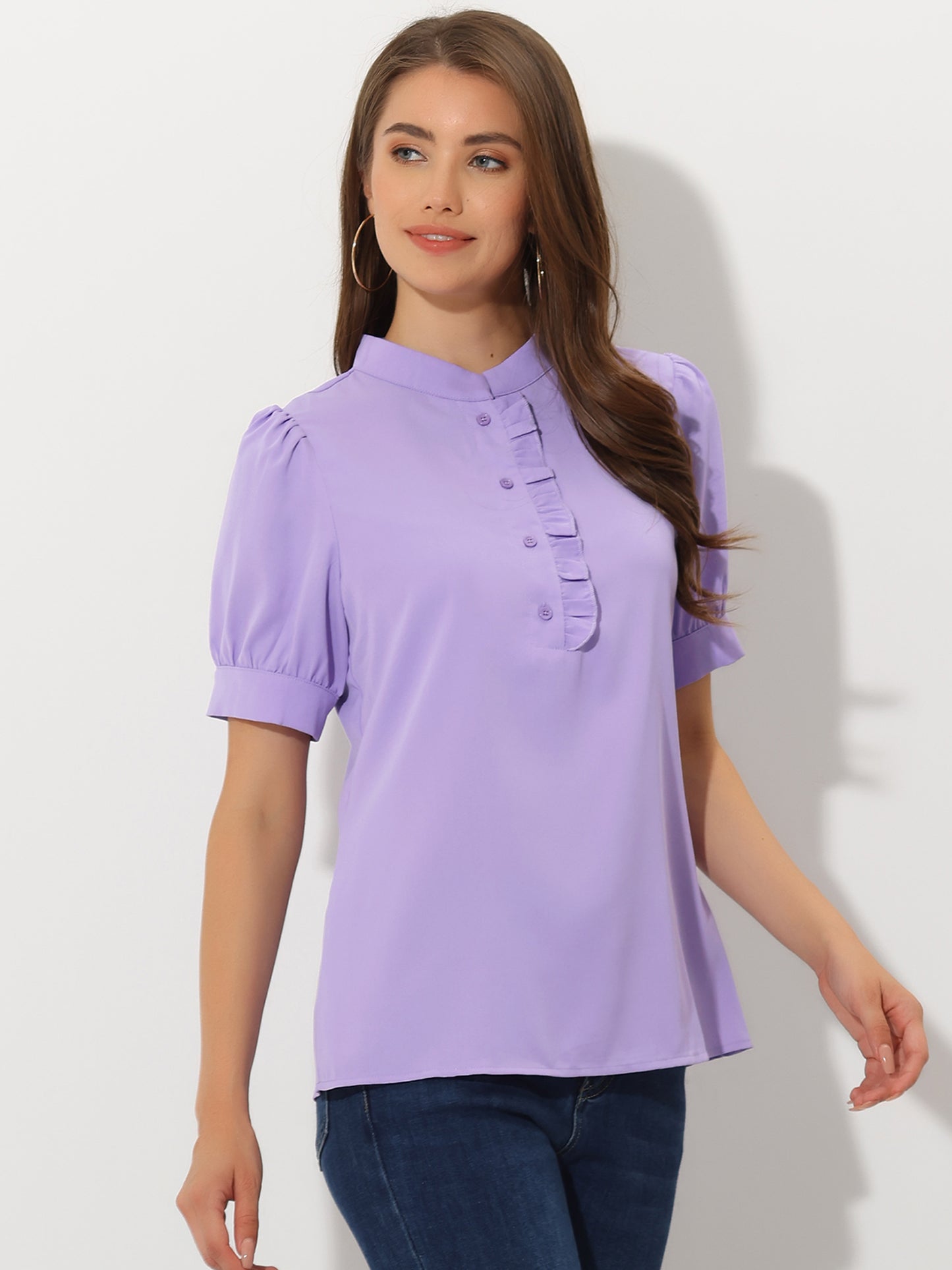 Women's Retrp Workwear Half Placket Puff Sleeve Ruffled Blouse Top