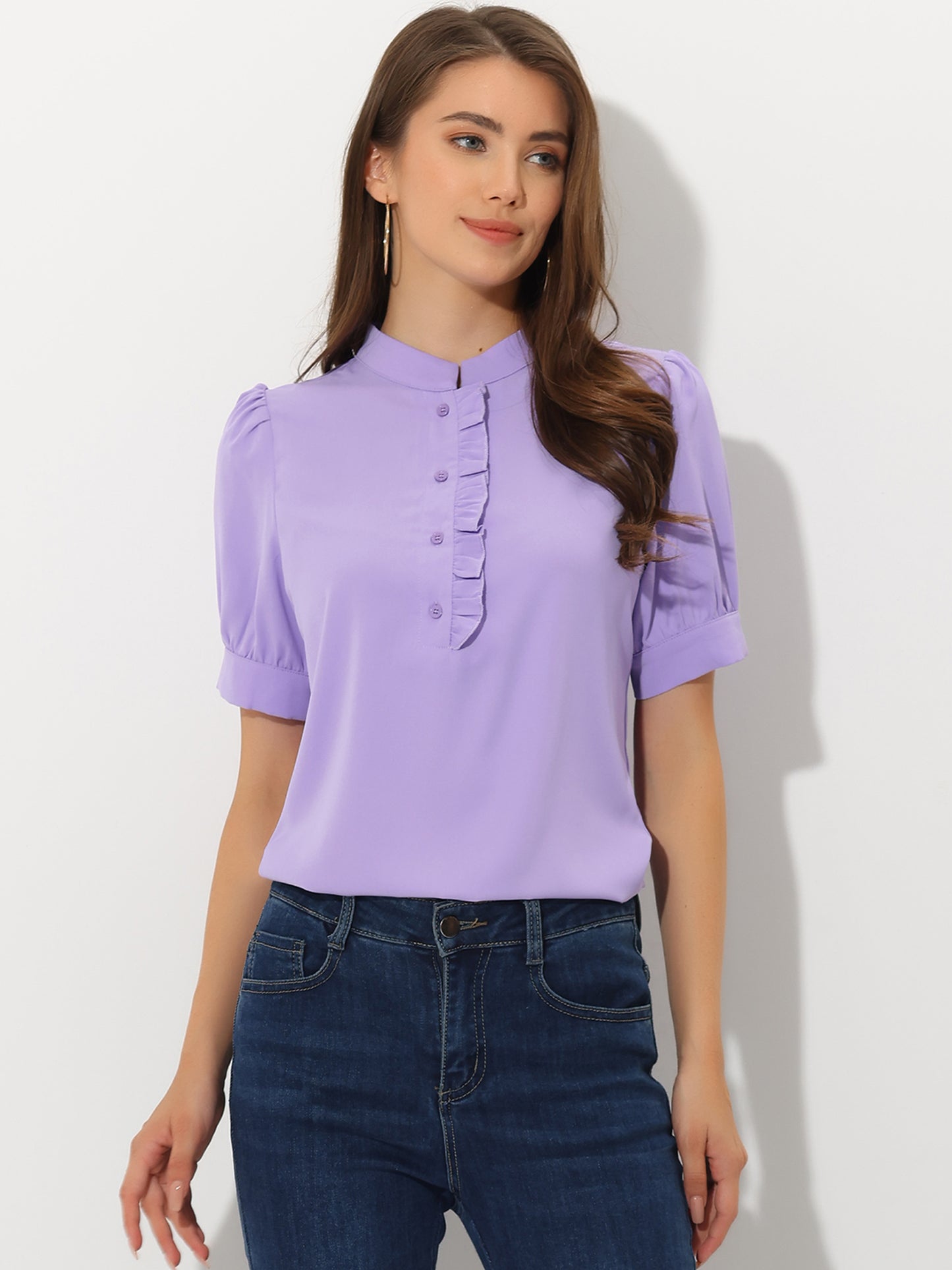 Women's Retrp Workwear Half Placket Puff Sleeve Ruffled Blouse Top