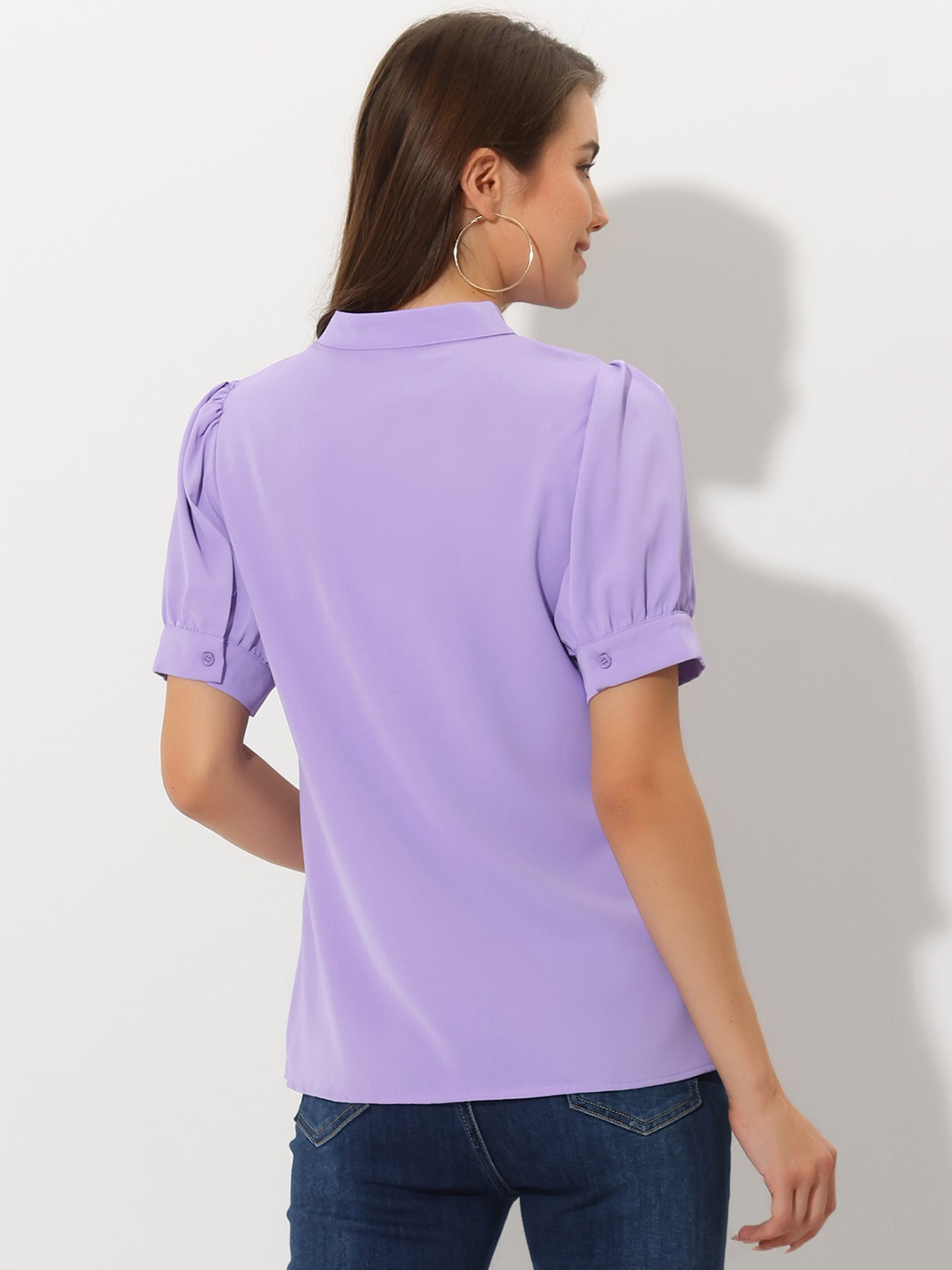 Women's Retrp Workwear Half Placket Puff Sleeve Ruffled Blouse Top