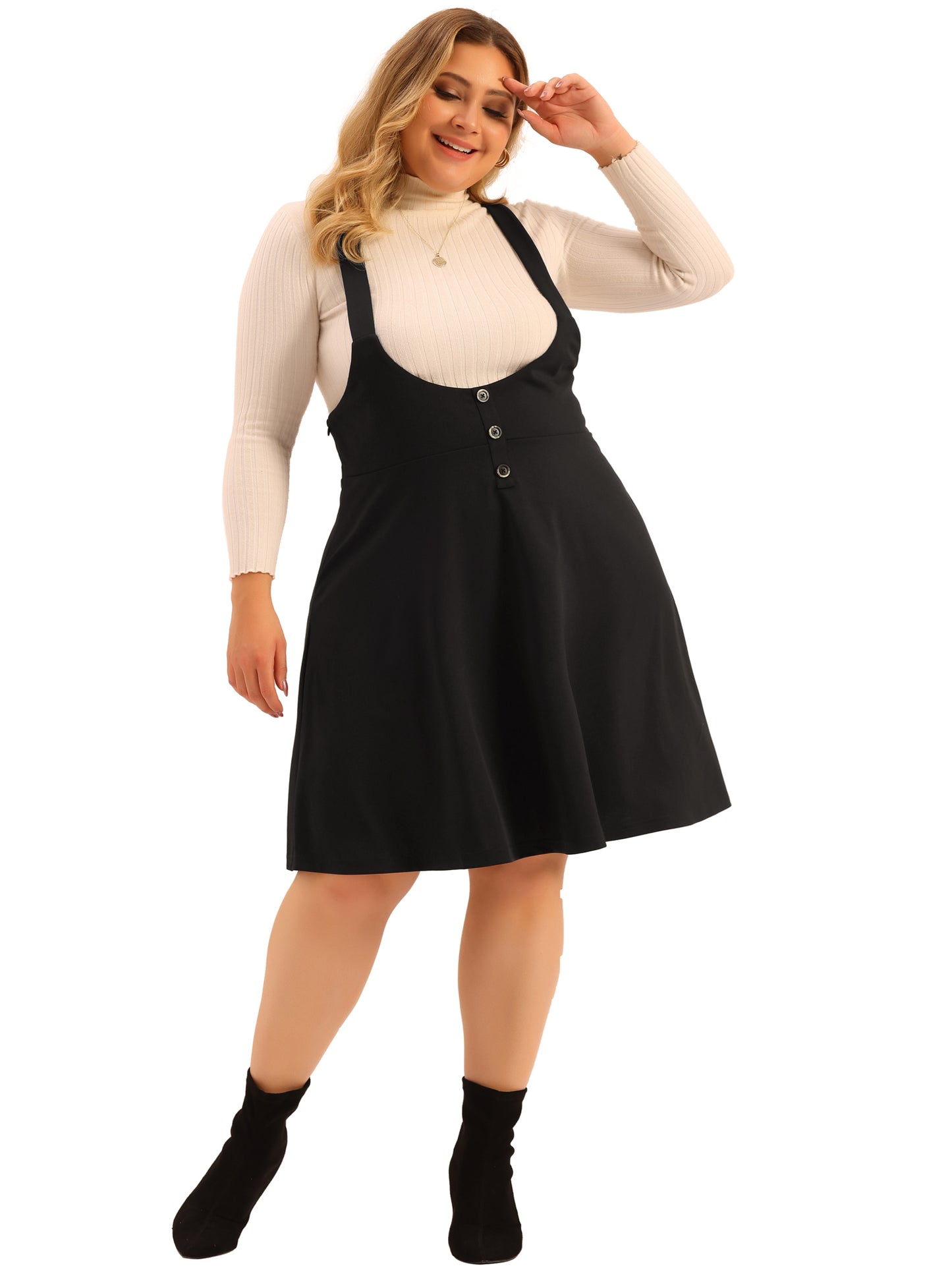 Women Plus Size Suspender Skirt Casual High Waist Detachable Strap Button Decor Overalls Dress