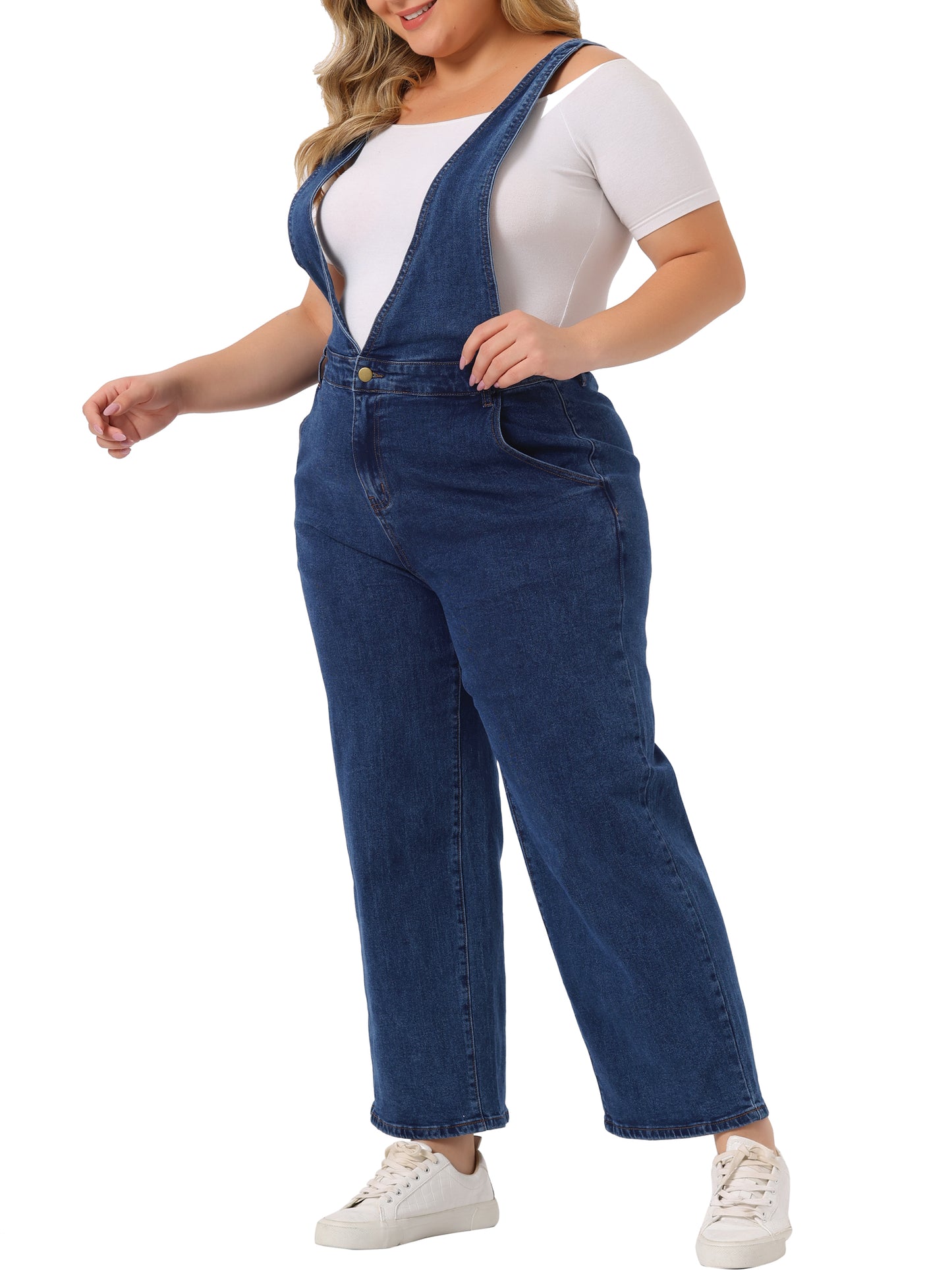 Women Plus Size Overalls Denim Pants V Neck Strap Chambray Pants