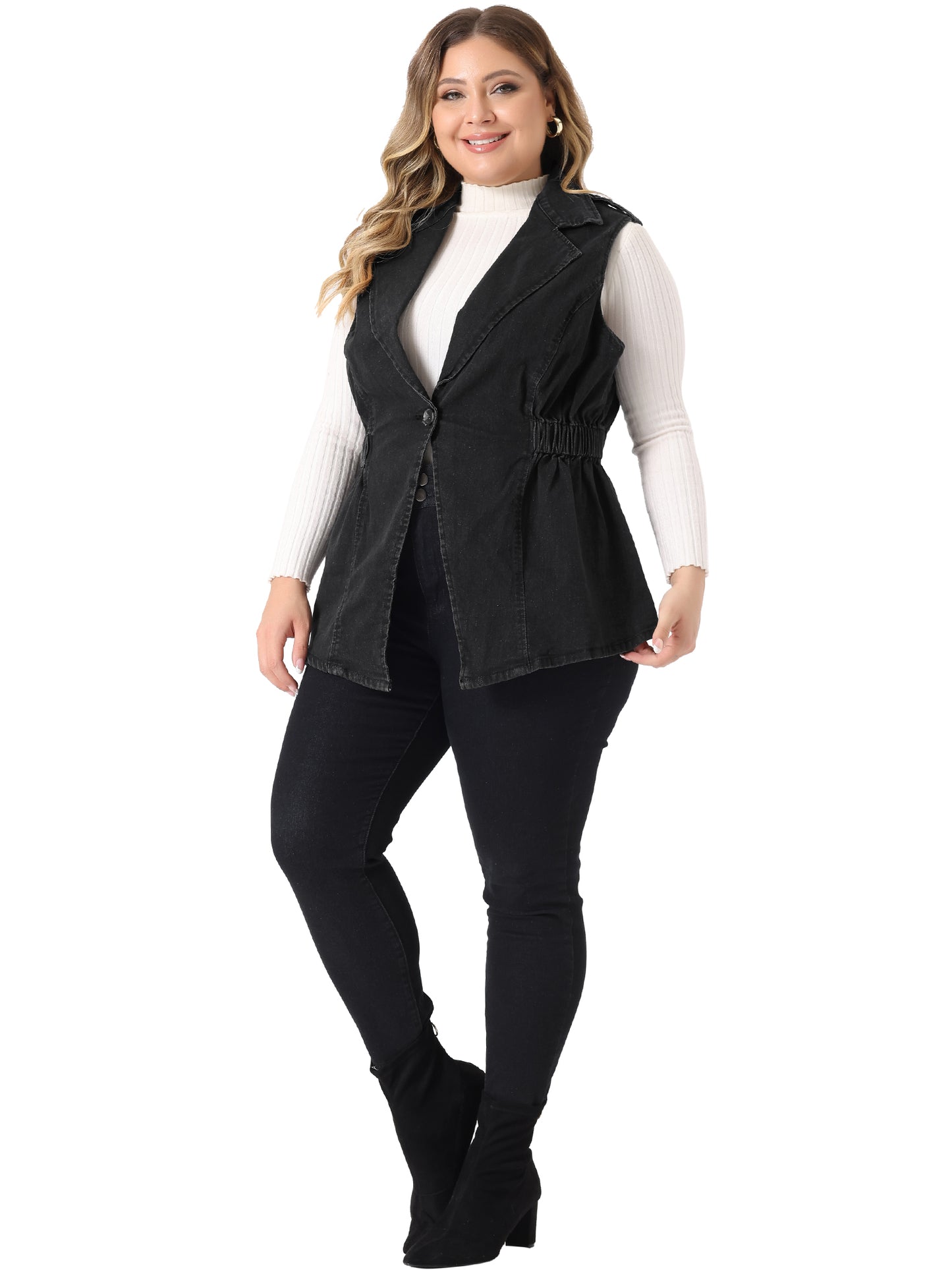 Women's Plus Size Denim Vest Sleeveless Lapel Button Elastic Waist Casual Denim Jackets Vest
