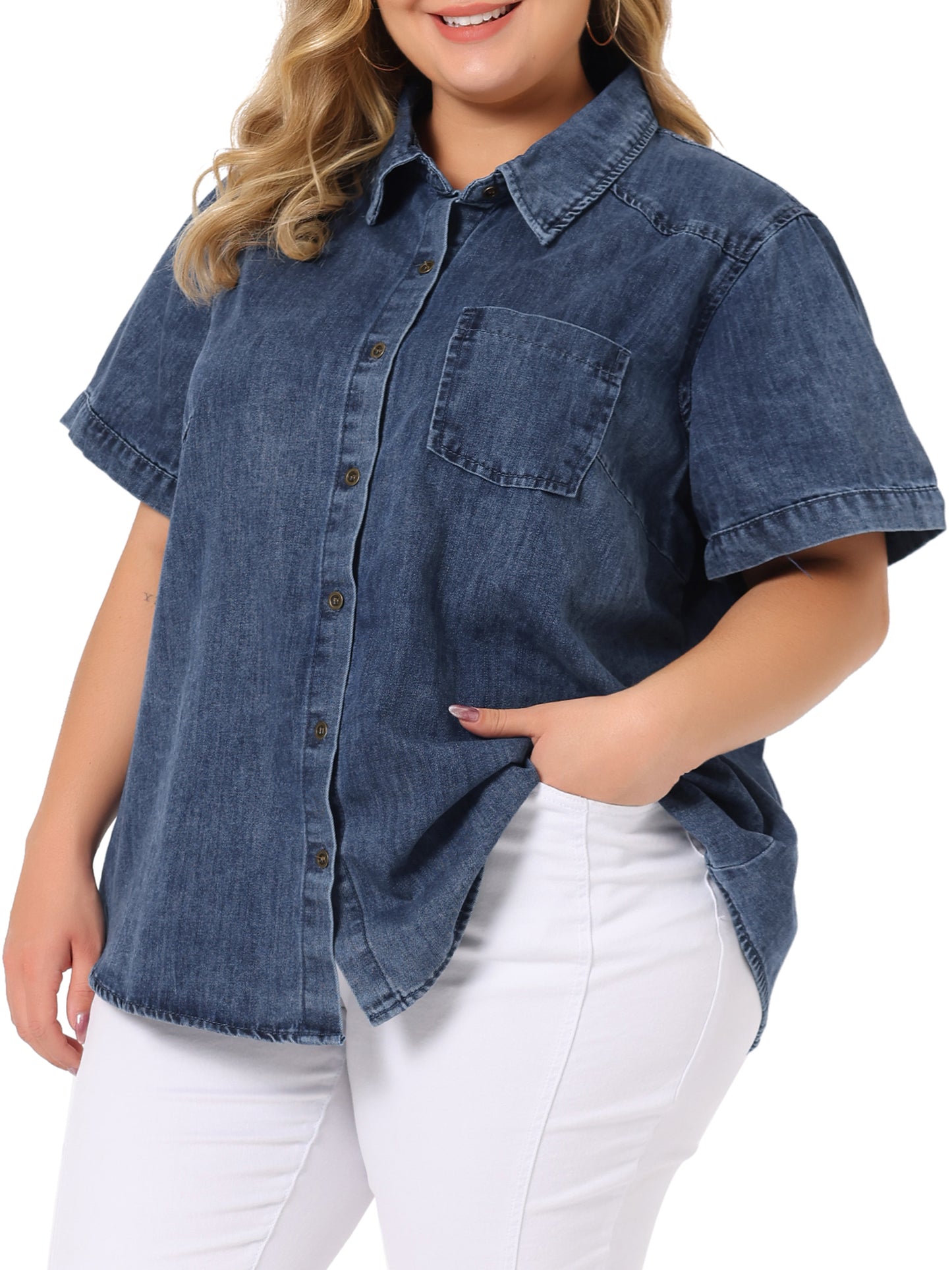 Women Plus Size Denim Shirt Jean Western Shirts Short Sleeve Button Down Top