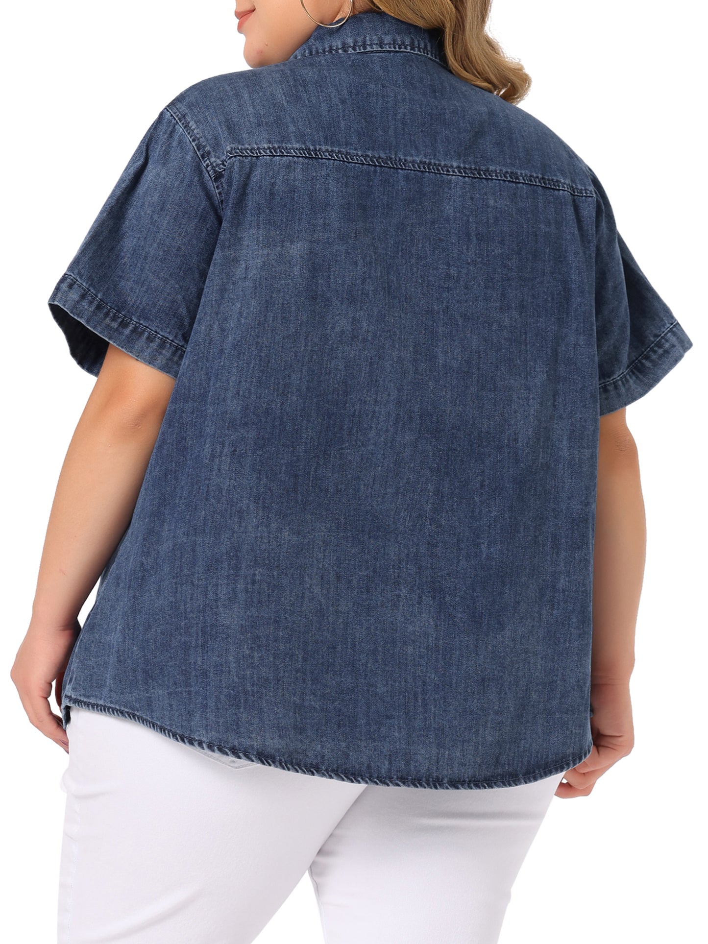 Women Plus Size Denim Shirt Jean Western Shirts Short Sleeve Button Down Top