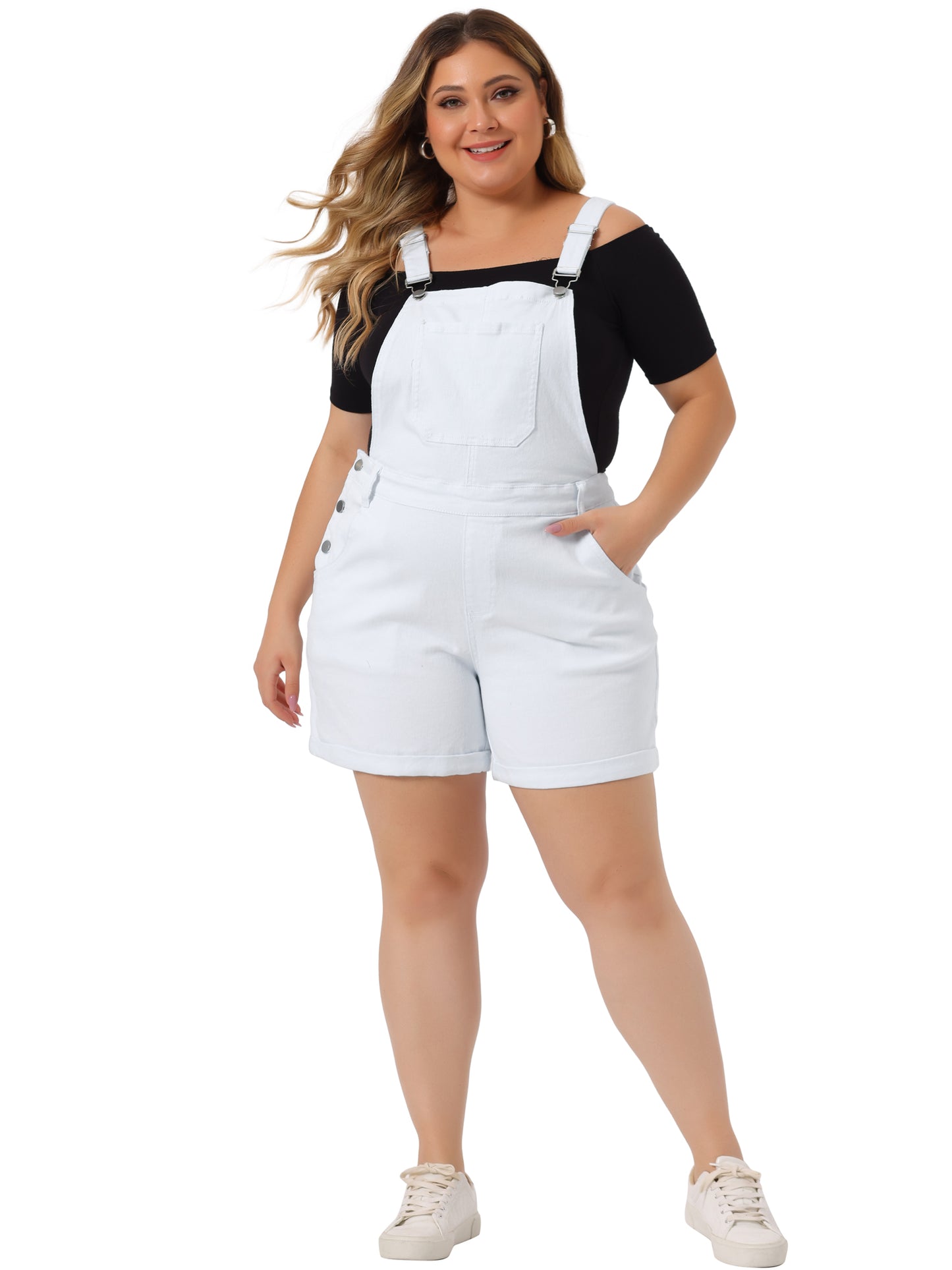 Mono de mezclilla con bolsillos y dobladillo enrollado para mujer, talla grande