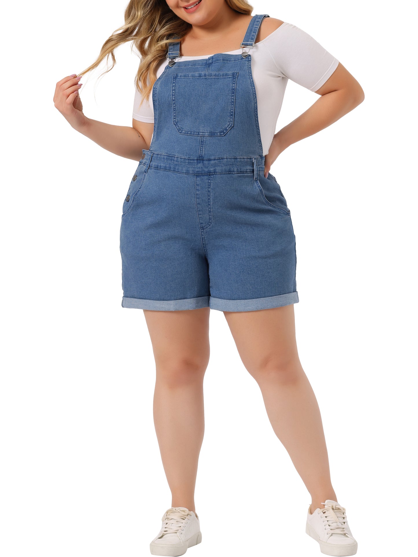 Mono de mezclilla con bolsillos y dobladillo enrollado para mujer, talla grande