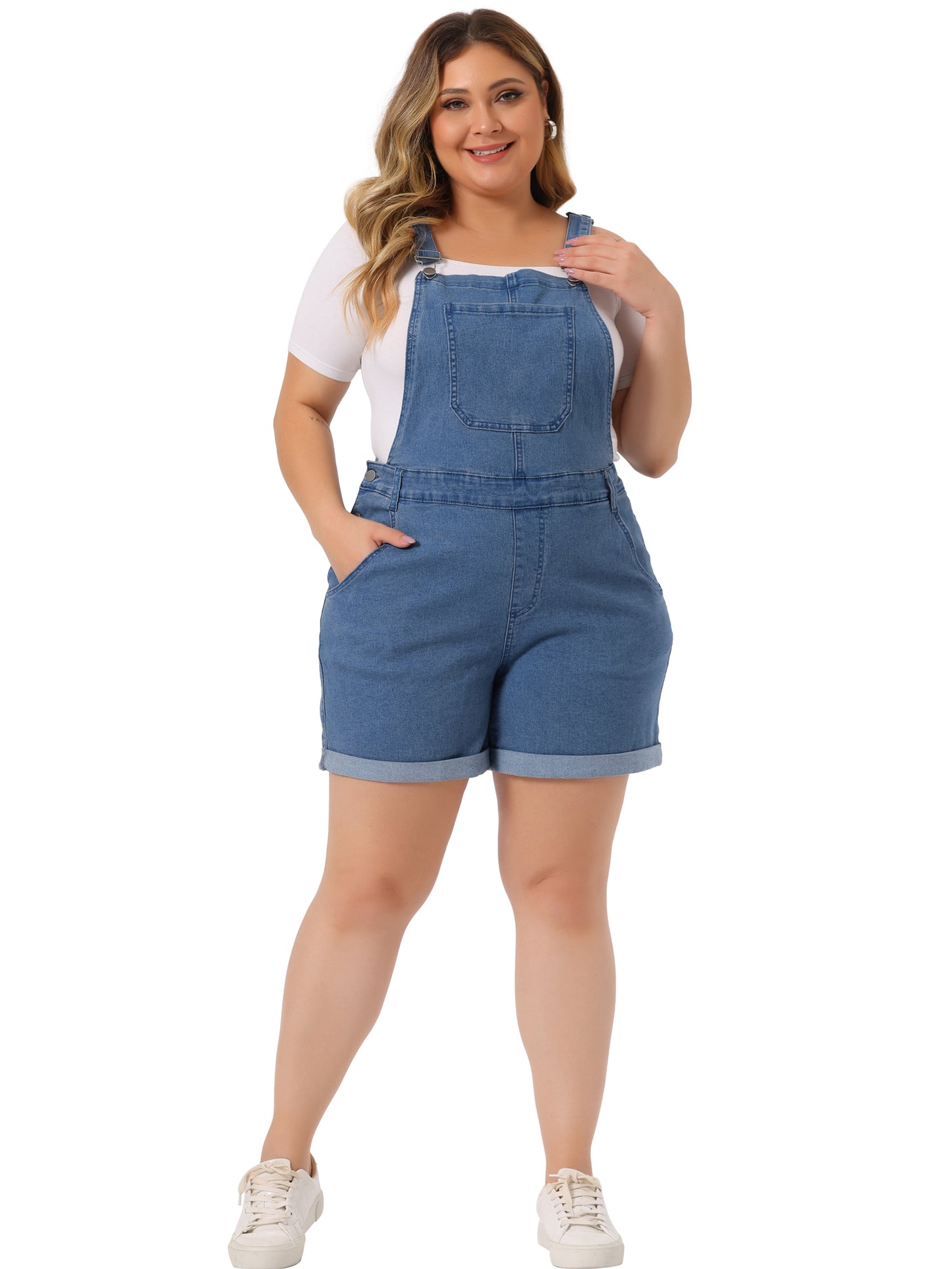 Mono de mezclilla con bolsillos y dobladillo enrollado para mujer, talla grande