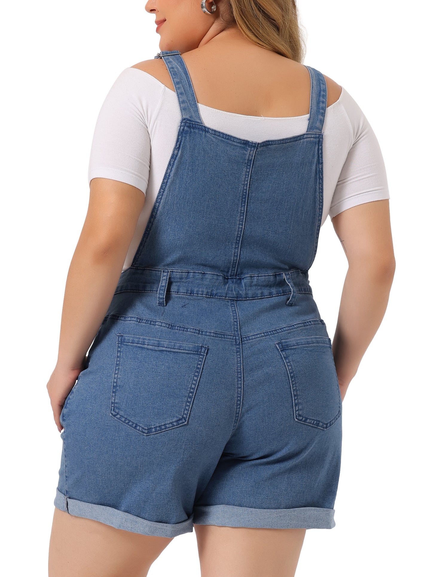 Mono de mezclilla con bolsillos y dobladillo enrollado para mujer, talla grande