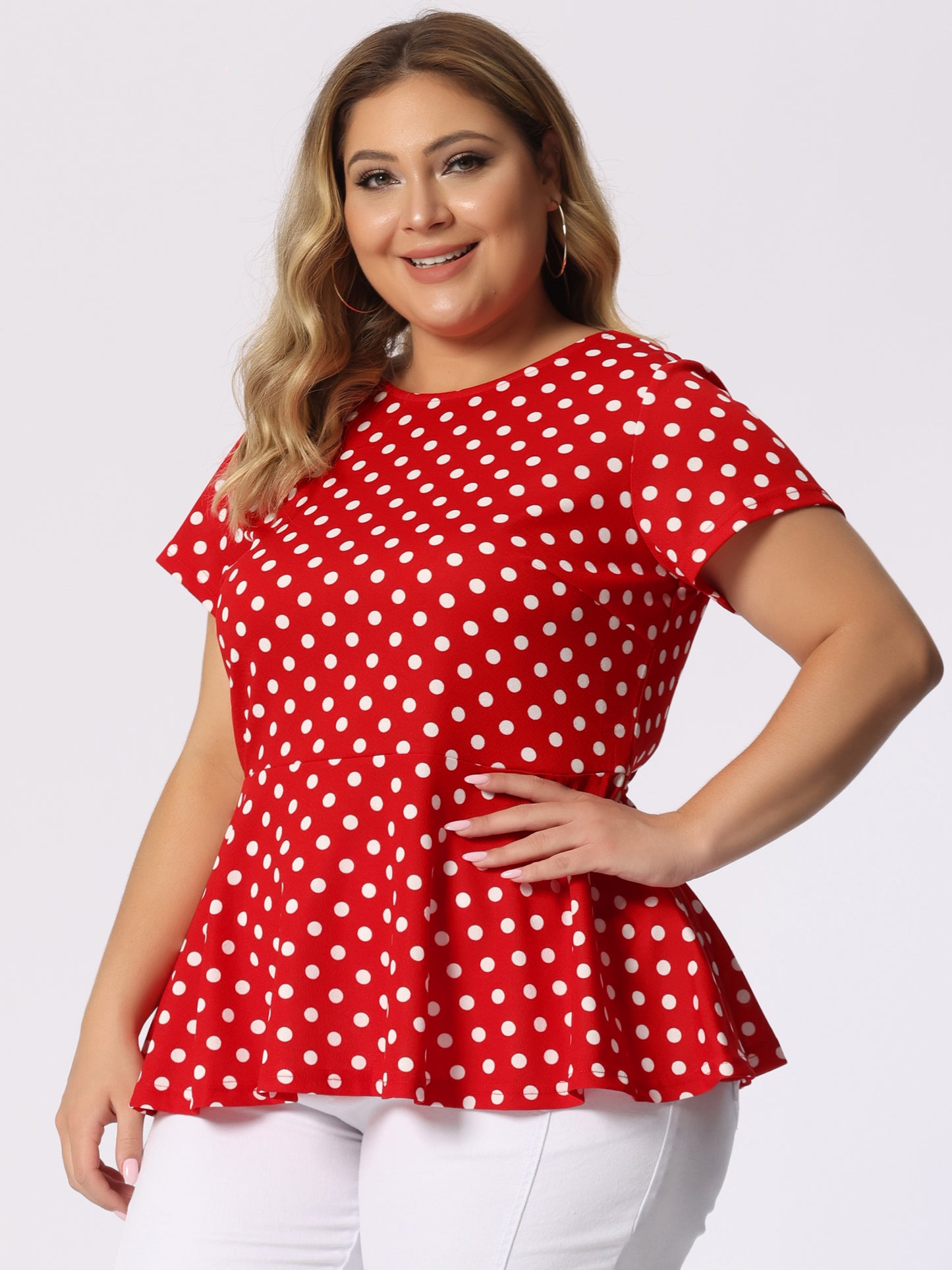 Women's Plus Size Short Sleeve Polka Dots Peplum Top
