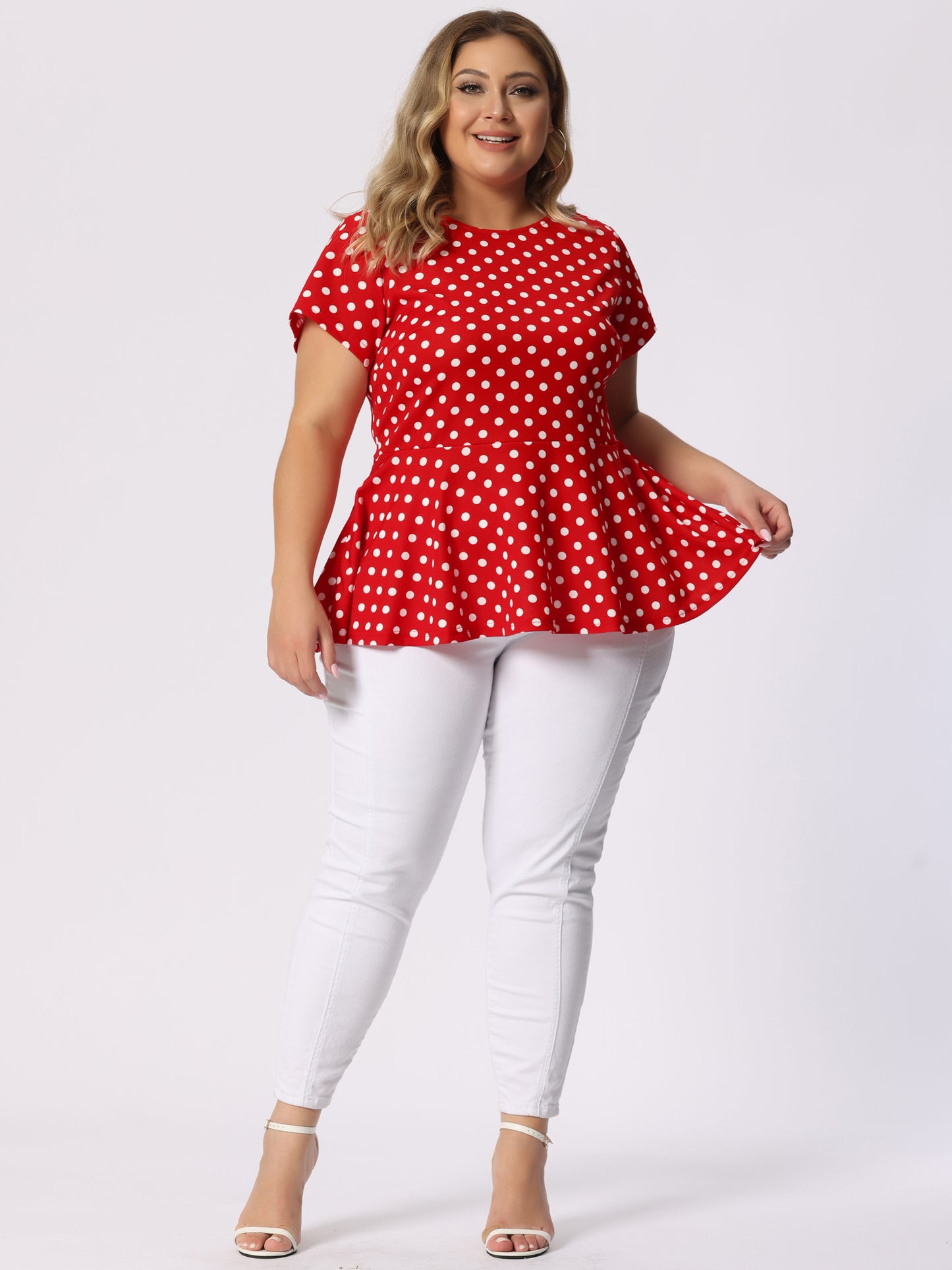 Women's Plus Size Short Sleeve Polka Dots Peplum Top