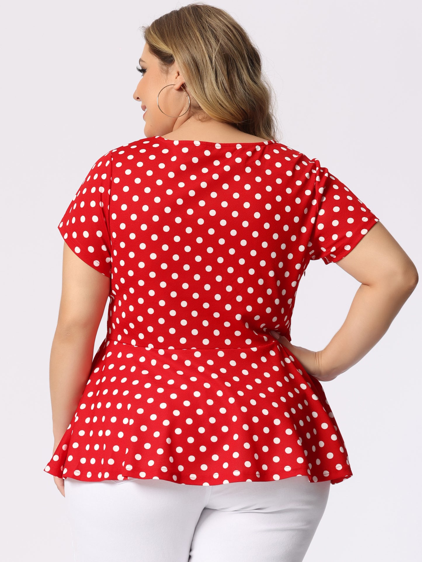 Women's Plus Size Short Sleeve Polka Dots Peplum Top