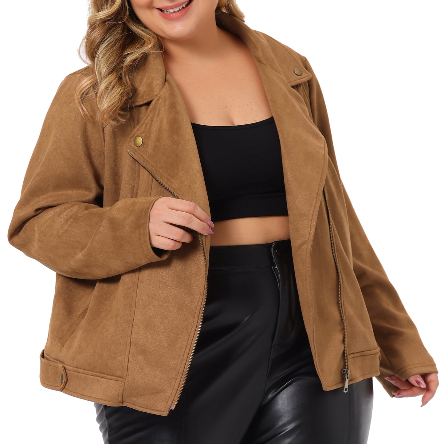 Women Plus Size Faux Suede Jacket Moto Biker Zipper Bomber Crop Coat Jacket