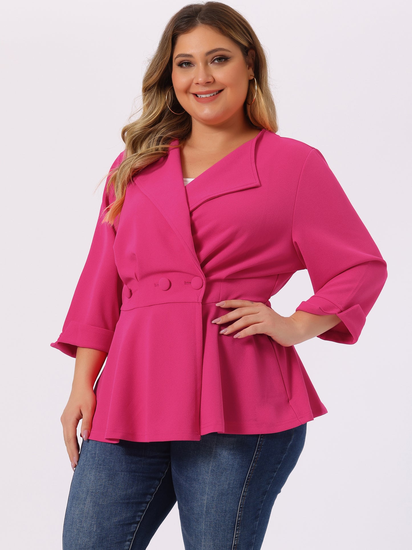 Women's Plus Size Casual Work Office Blazers Notched Lapel Button Peplum Blazer