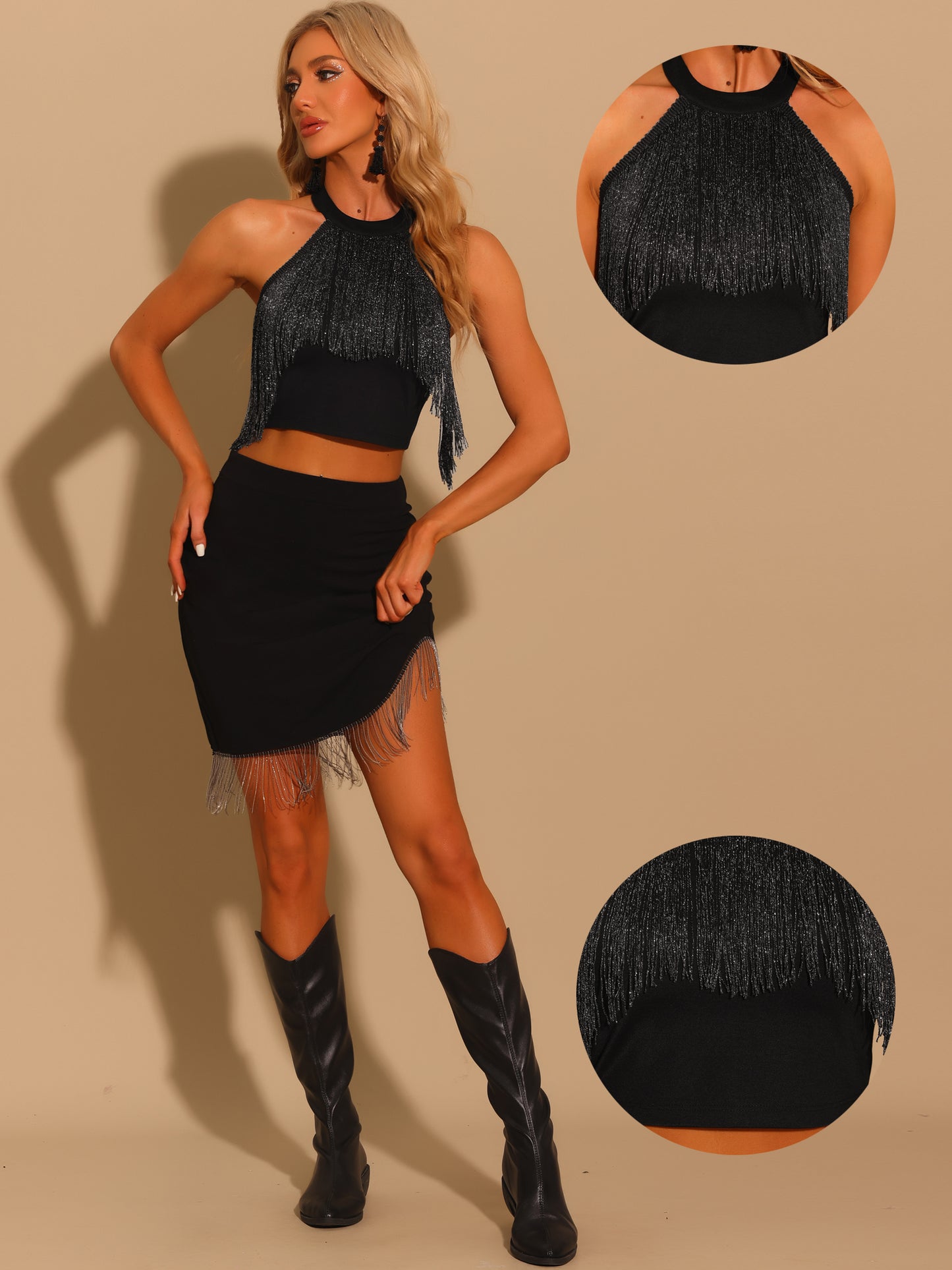 Women's Crop Tops Fringe Trim Glitter Sleeveless Tie Halter Neck Sparkly Party Corset Top