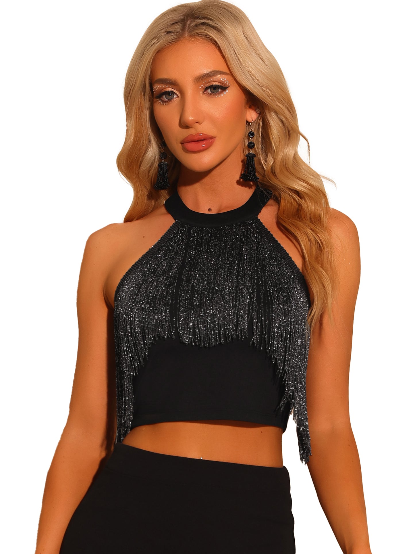 Women's Crop Tops Fringe Trim Glitter Sleeveless Tie Halter Neck Sparkly Party Corset Top