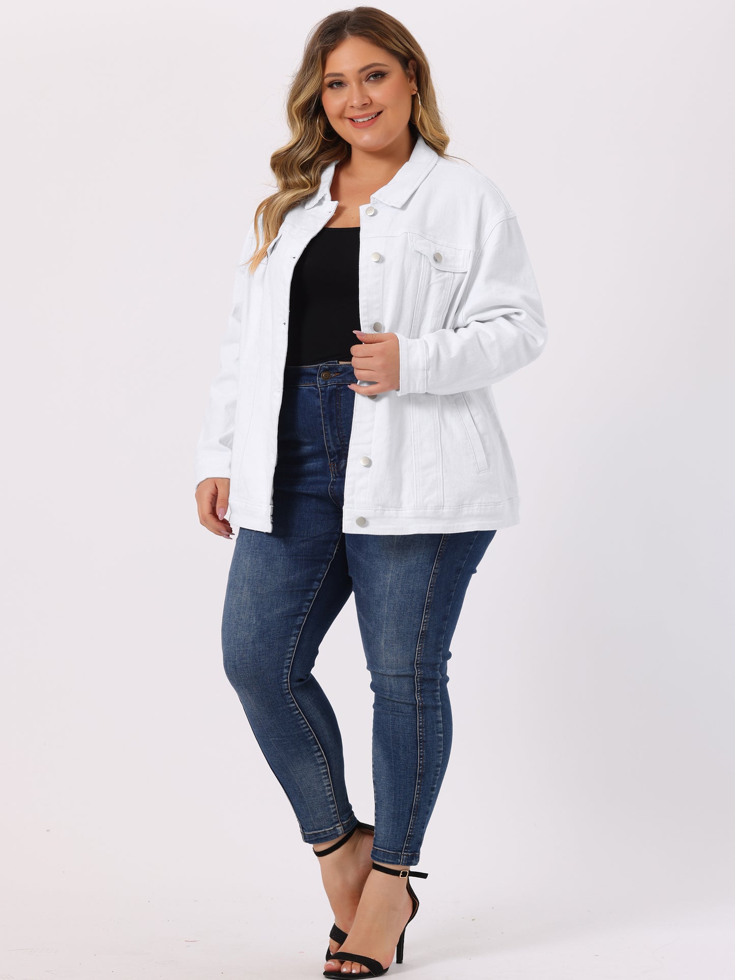 Women's Plus Size Jean Jacket Stitching Button Front Washed Denim Jacket