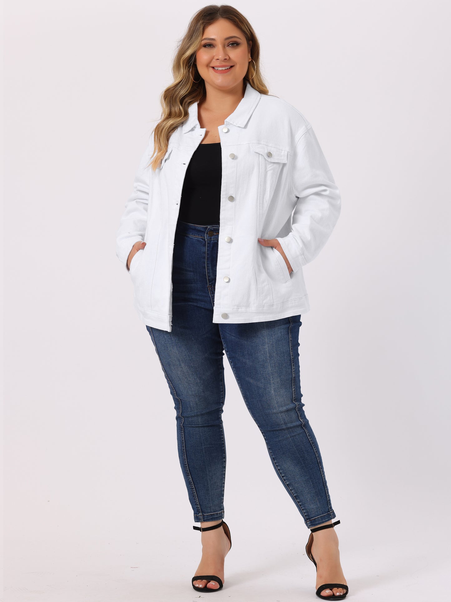 Women's Plus Size Jean Jacket Stitching Button Front Washed Denim Jacket