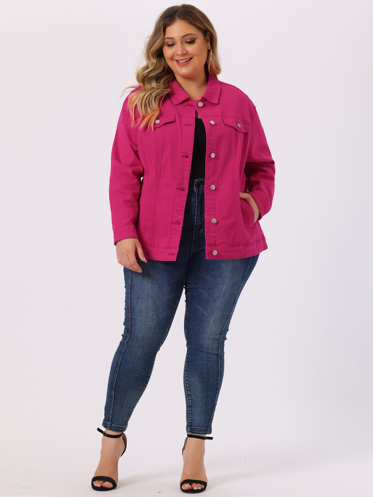 Women's Plus Size Jean Jacket Stitching Button Front Washed Denim Jacket