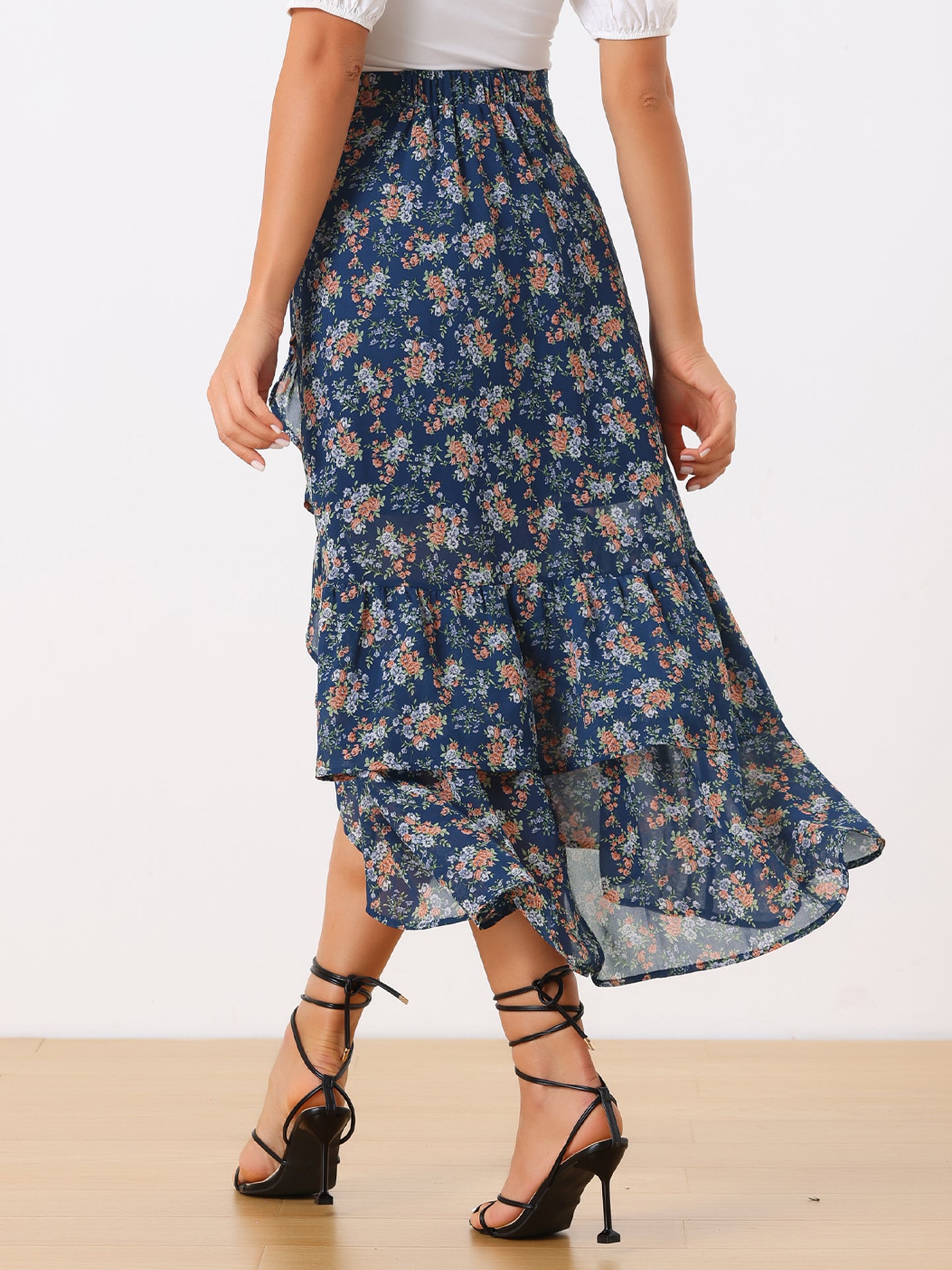 Women's Floral Ruffle Skirt Wrap Tiered Asymmetrical Chiffon Skirt