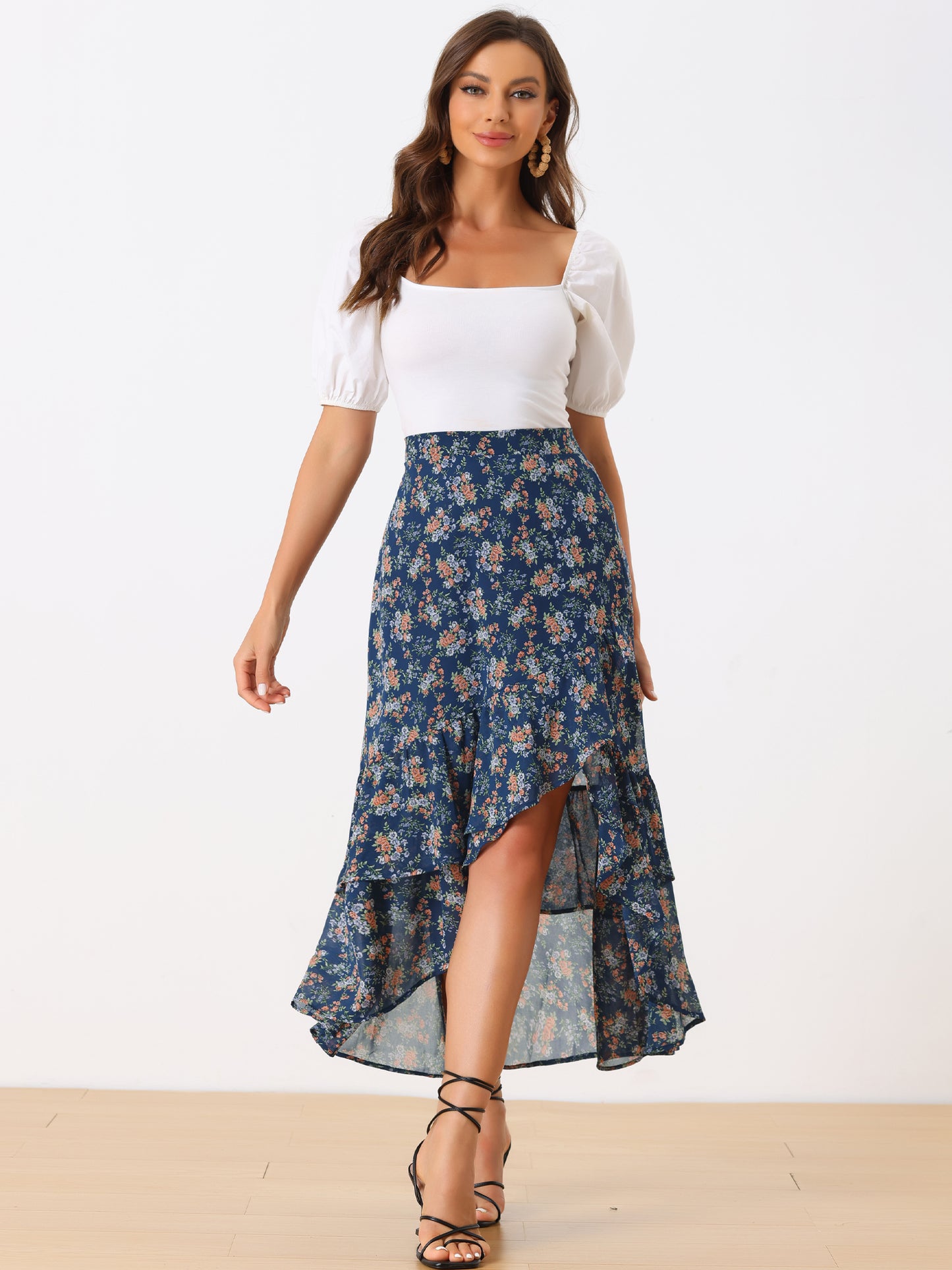 Women's Floral Ruffle Skirt Wrap Tiered Asymmetrical Chiffon Skirt
