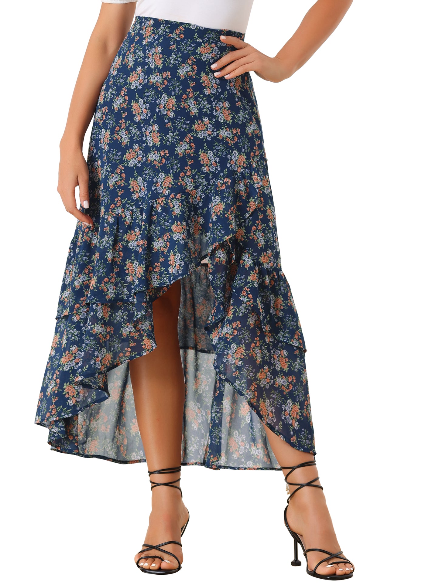Women's Floral Ruffle Skirt Wrap Tiered Asymmetrical Chiffon Skirt