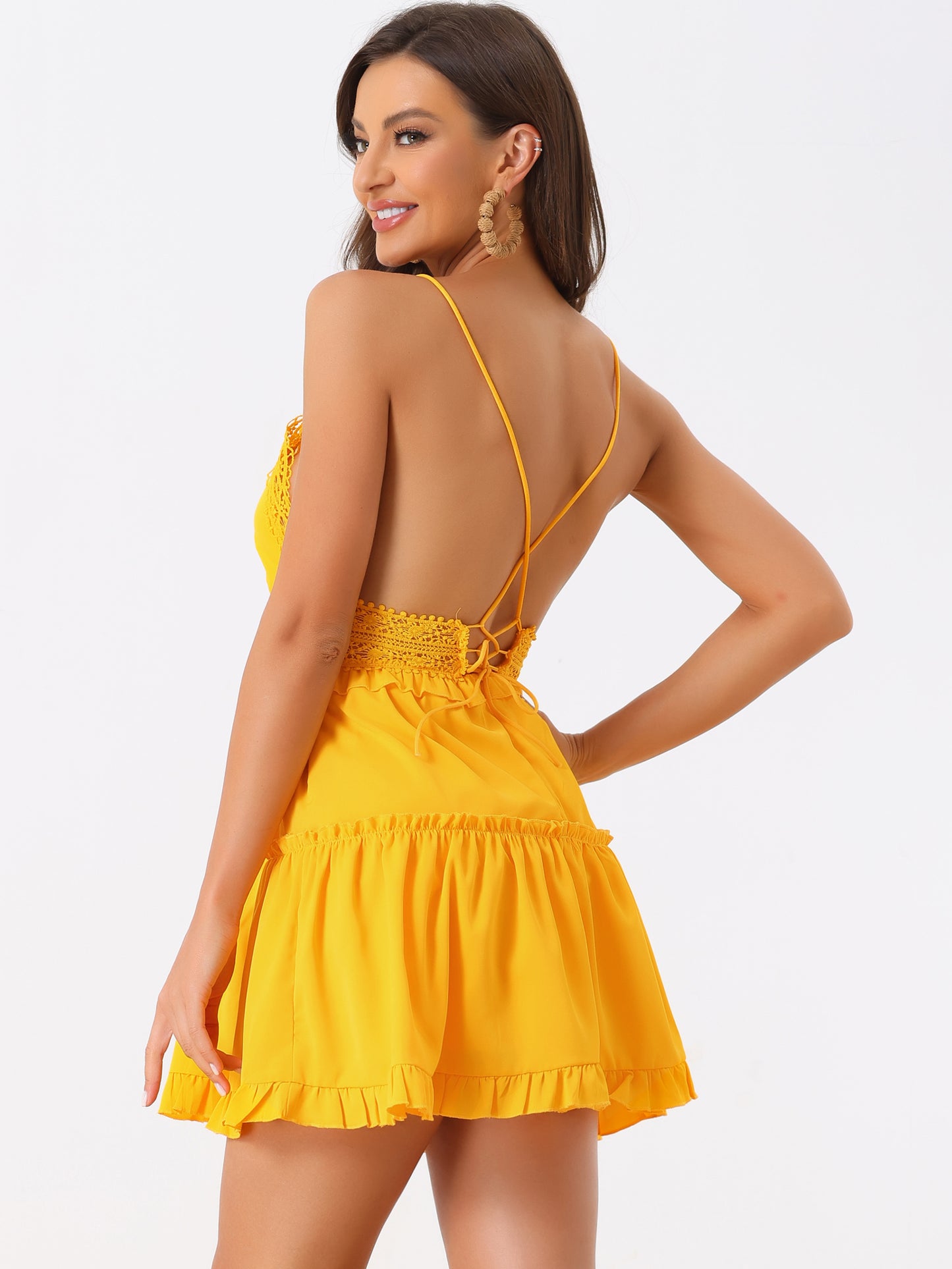 Women's Summer Dress Beach Casual V-Neck Sexy Backless Spaghetti Strap Mini Dresses