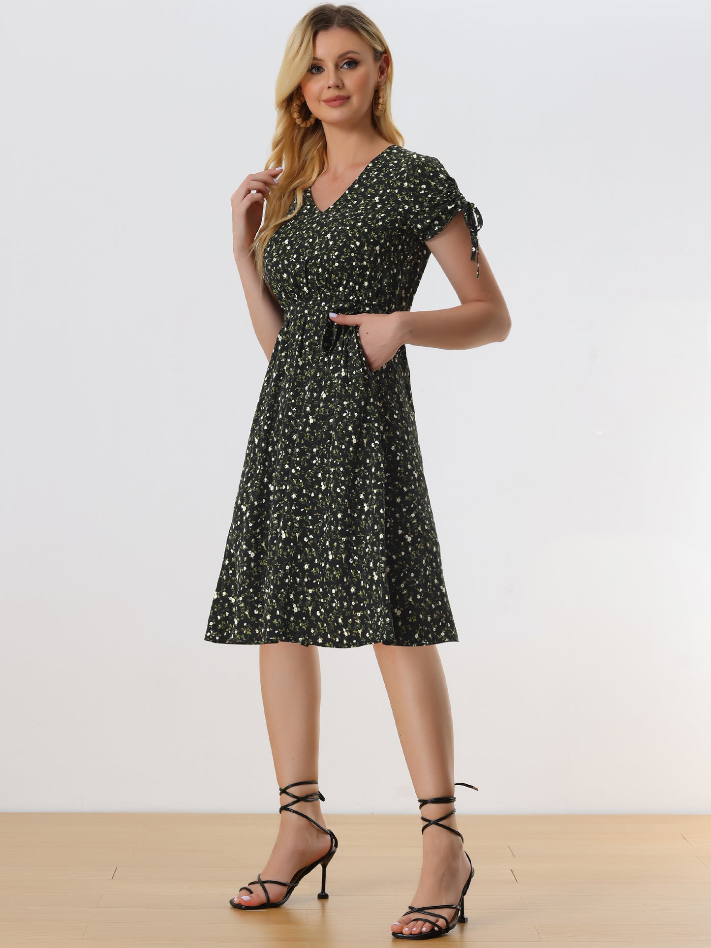 Women's Casual Midi V Neck Tie Cuffs Belted Floral Dress