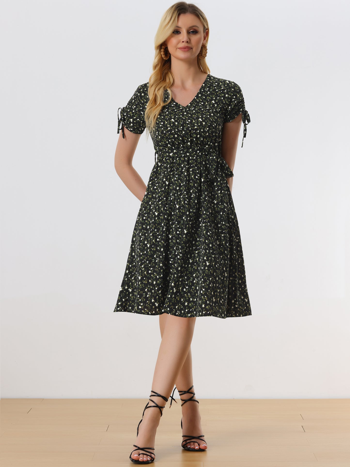 Women's Casual Midi V Neck Tie Cuffs Belted Floral Dress