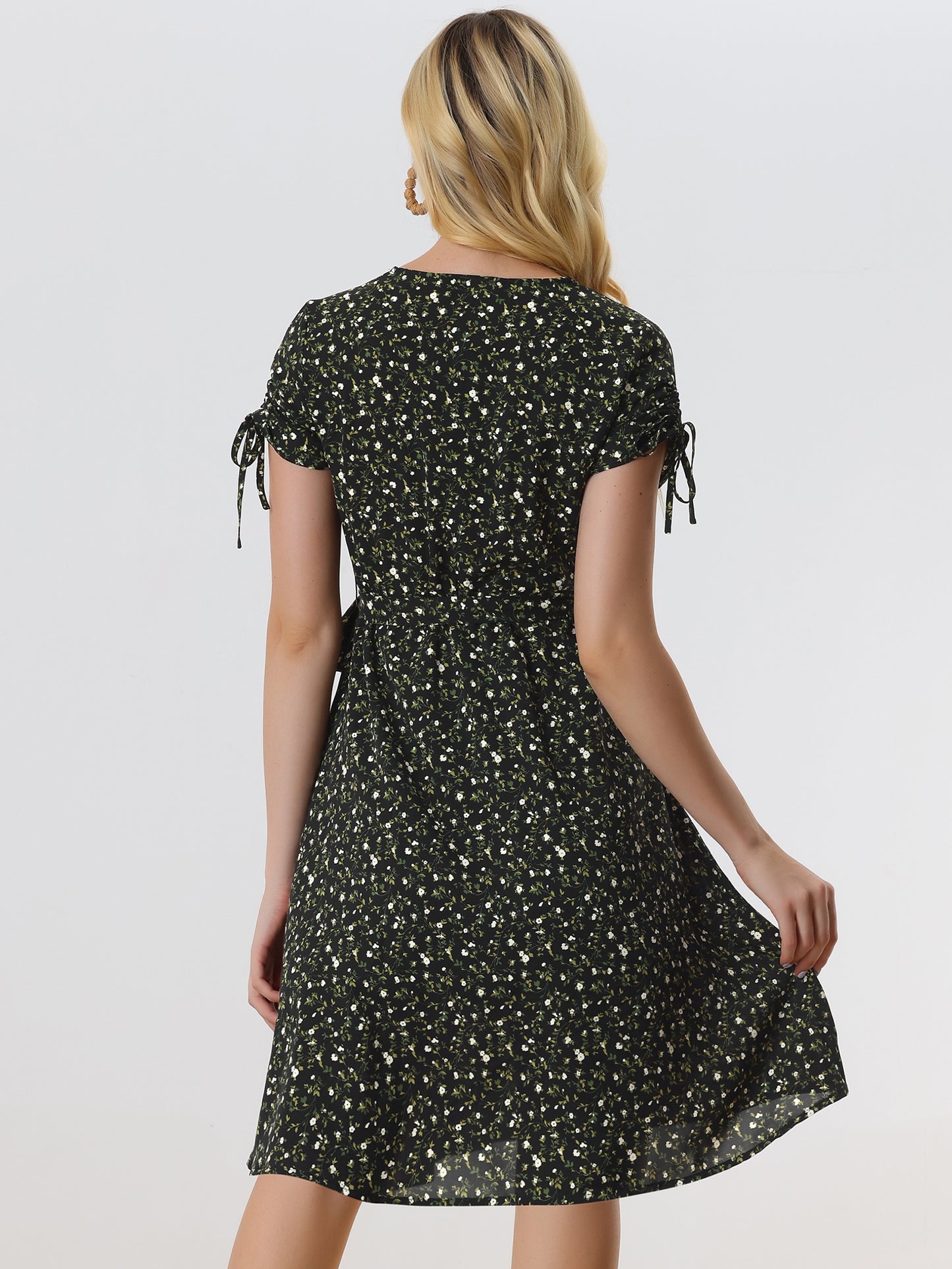 Women's Casual Midi V Neck Tie Cuffs Belted Floral Dress