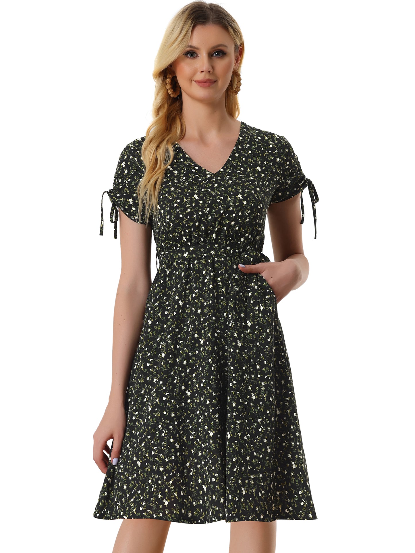 Women's Casual Midi V Neck Tie Cuffs Belted Floral Dress