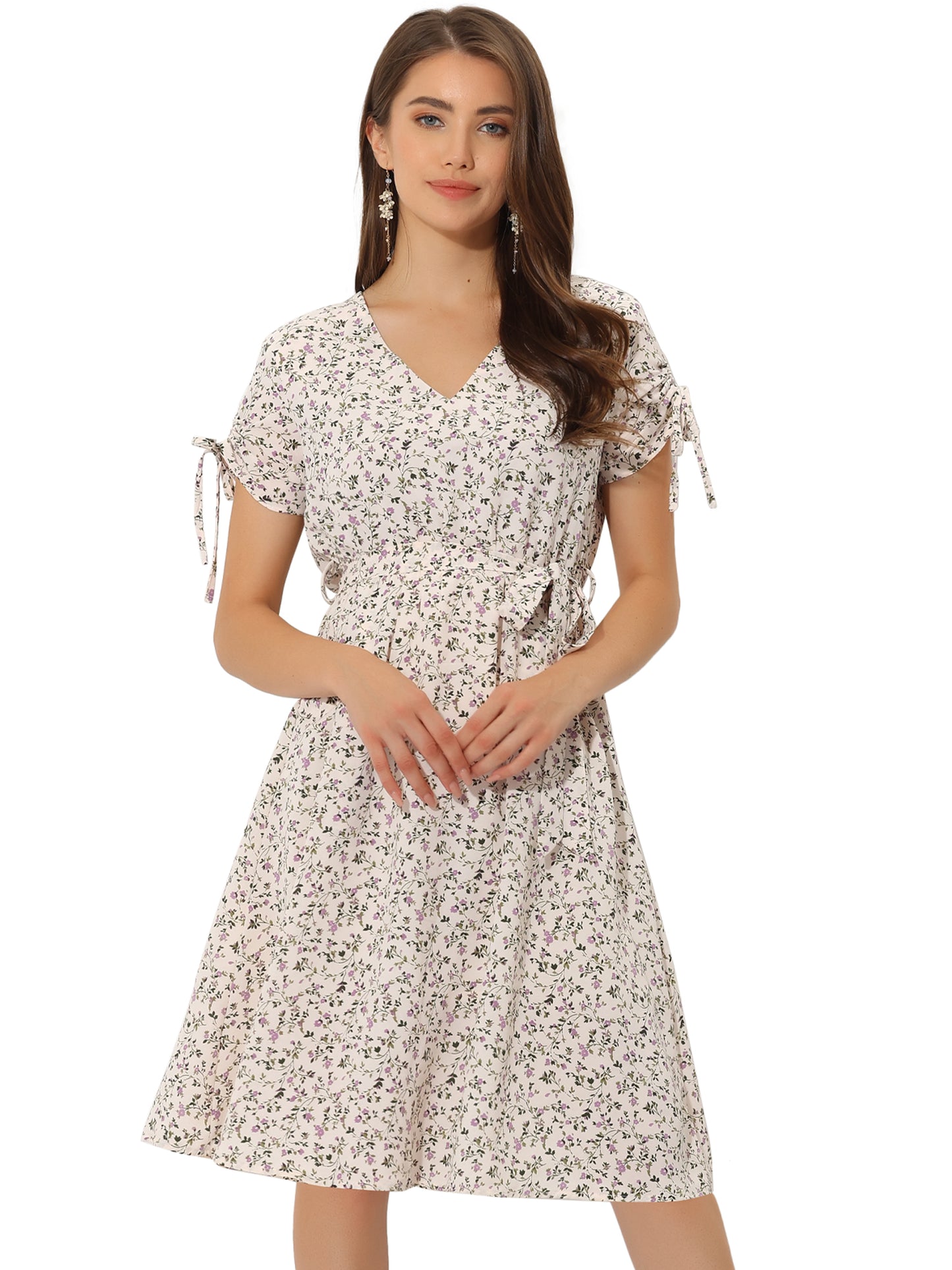 Women's Casual Midi V Neck Tie Cuffs Belted Floral Dress