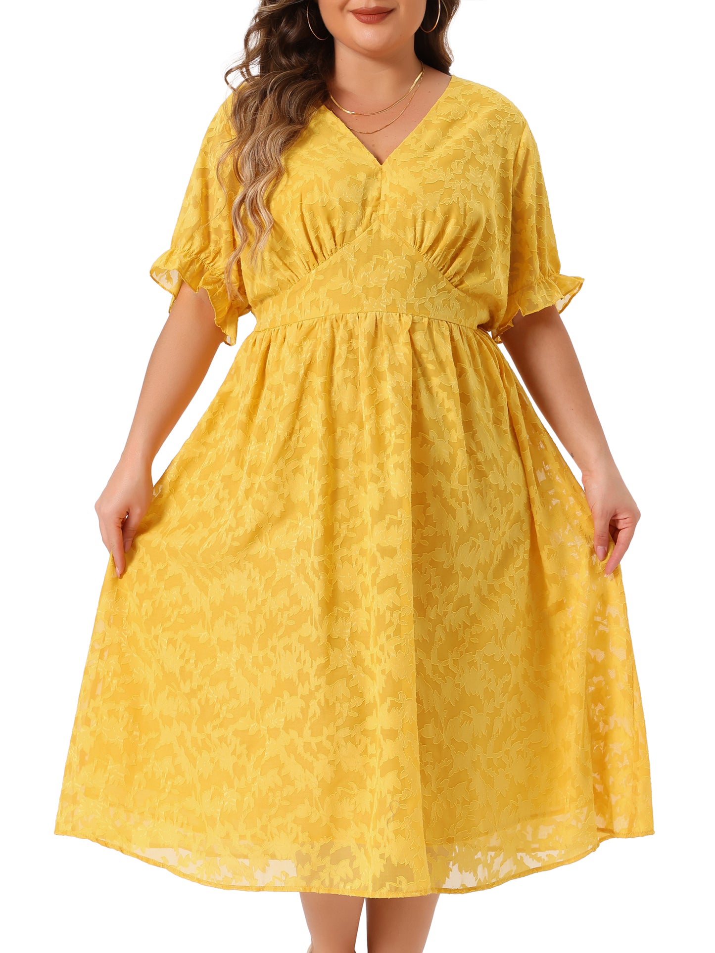 Women Plus Size Dress Casual V Neck Bubble Short Sleeve Semi Sheer Swing Flowy Summer Dresses