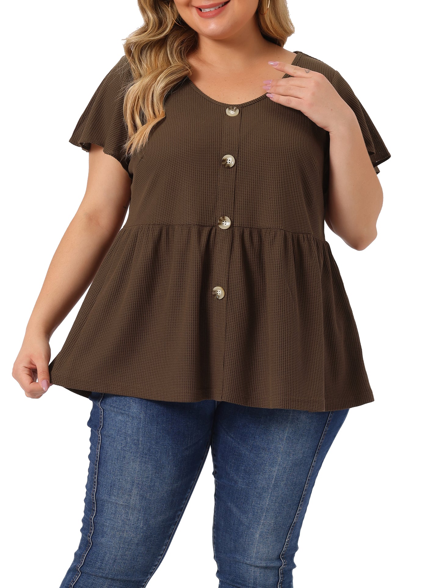 Women Plus Size Button Front Peplum Top