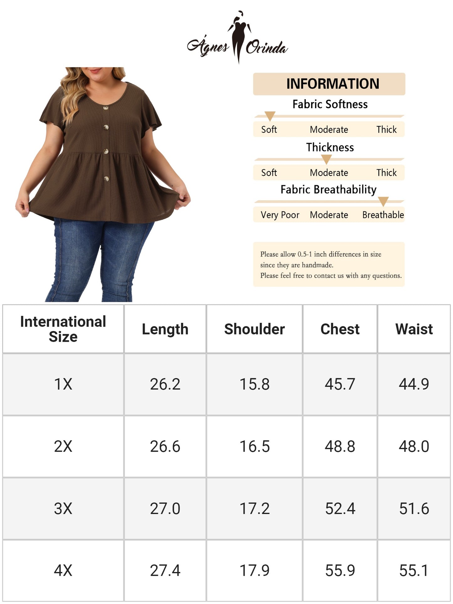 Top peplum con botones delanteros de talla grande para mujer