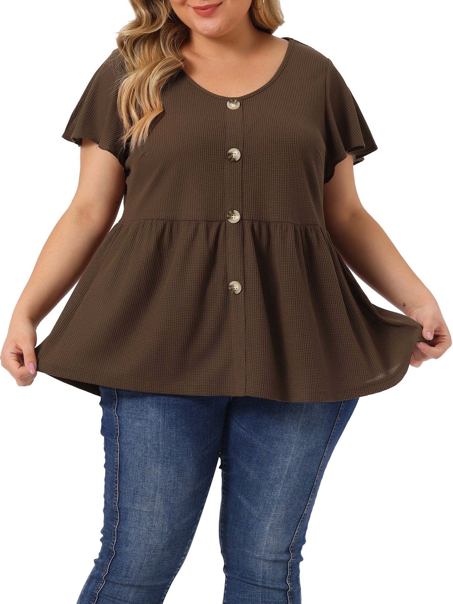 Women Plus Size Button Front Peplum Top