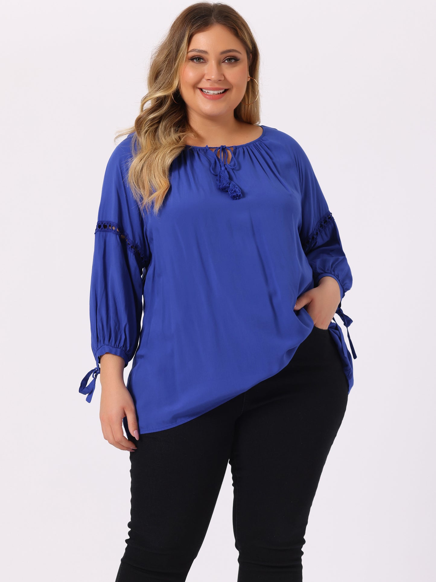 Women's Plus Size Raglan Sleeves Hollow Out Tie Neck Tunic Peasant Top