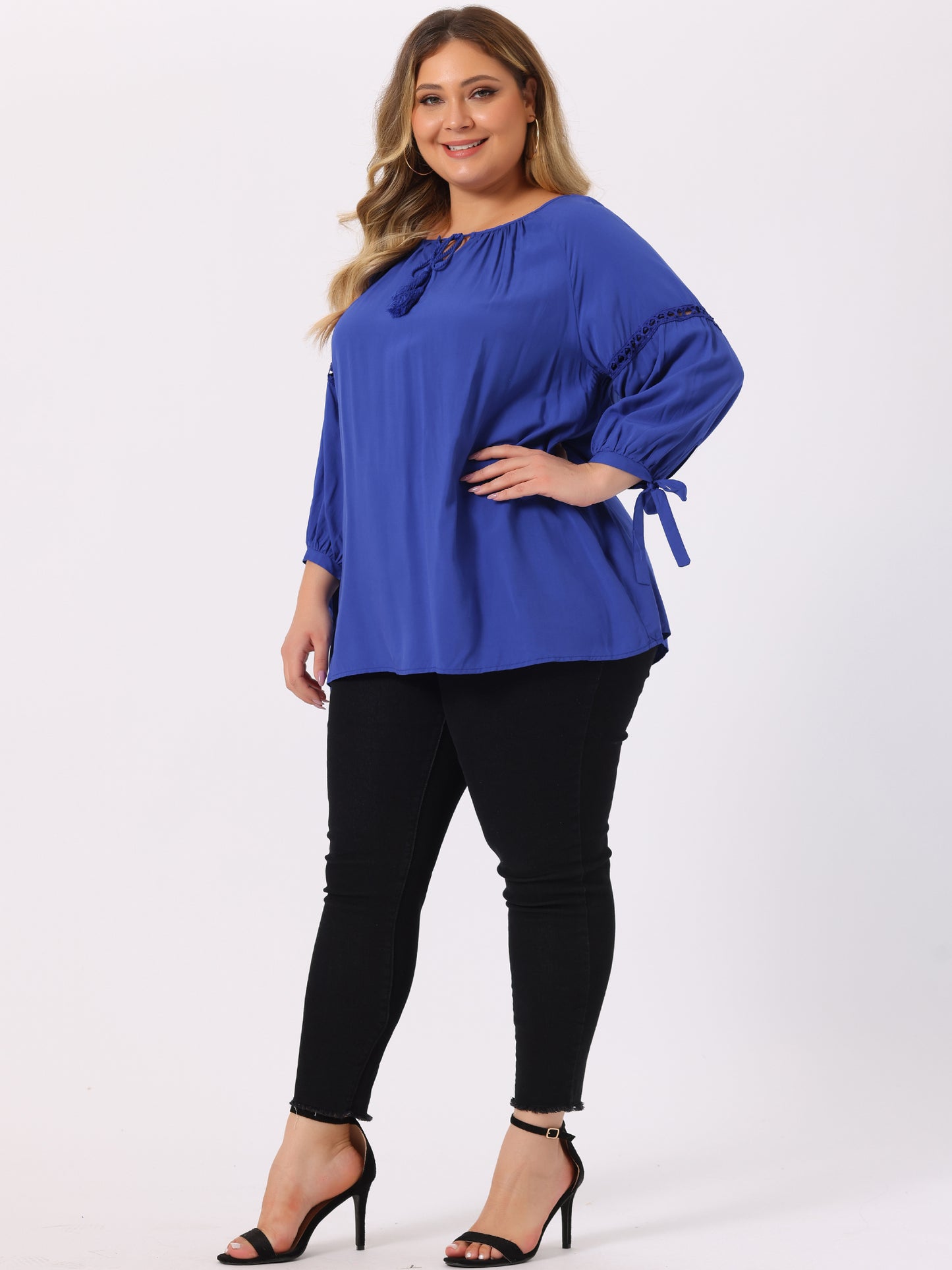 Women's Plus Size Raglan Sleeves Hollow Out Tie Neck Tunic Peasant Top