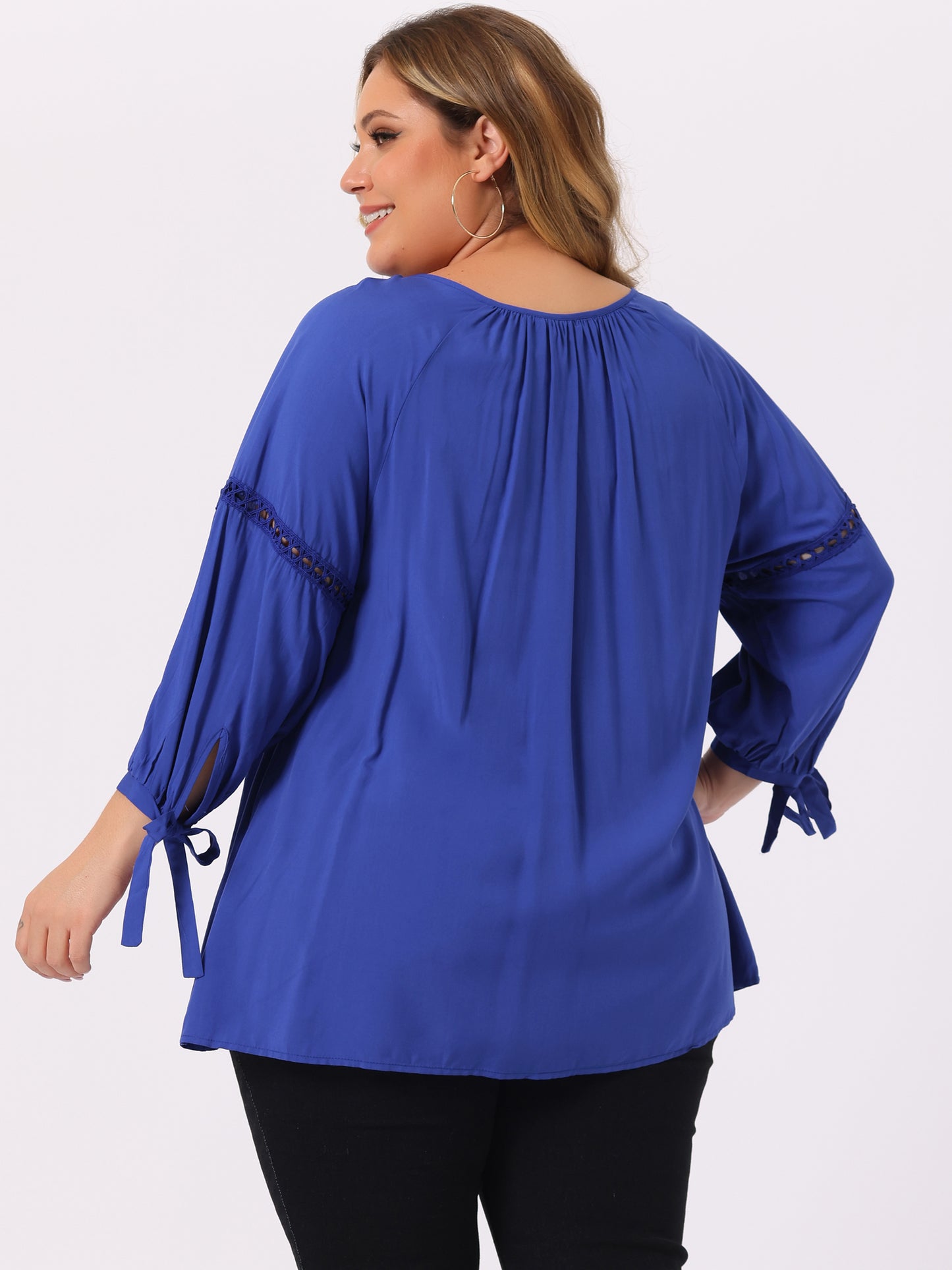 Women's Plus Size Raglan Sleeves Hollow Out Tie Neck Tunic Peasant Top