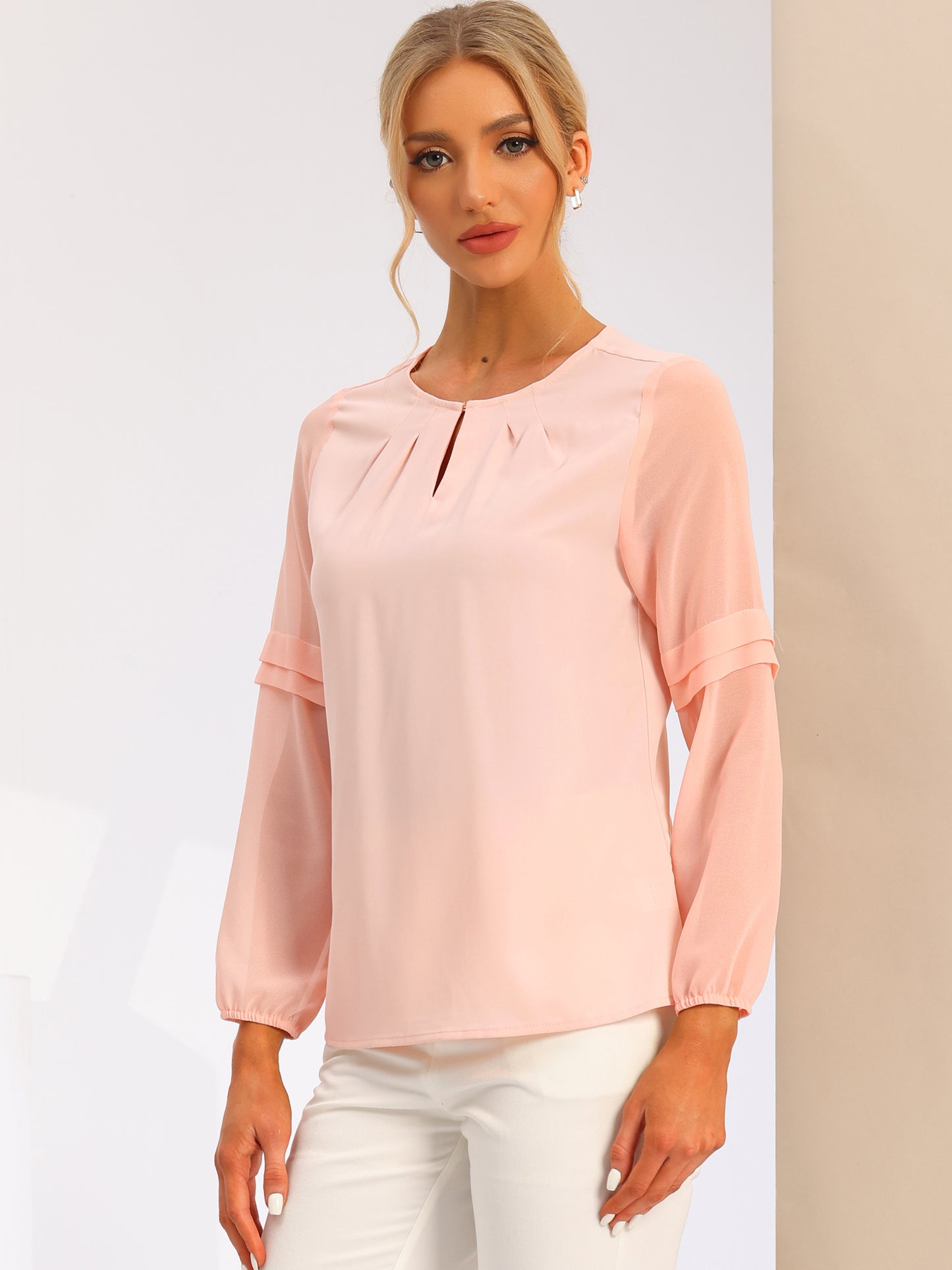 Women's Keyhole Neck Long Sleeve Business Casual Blouse Shirt