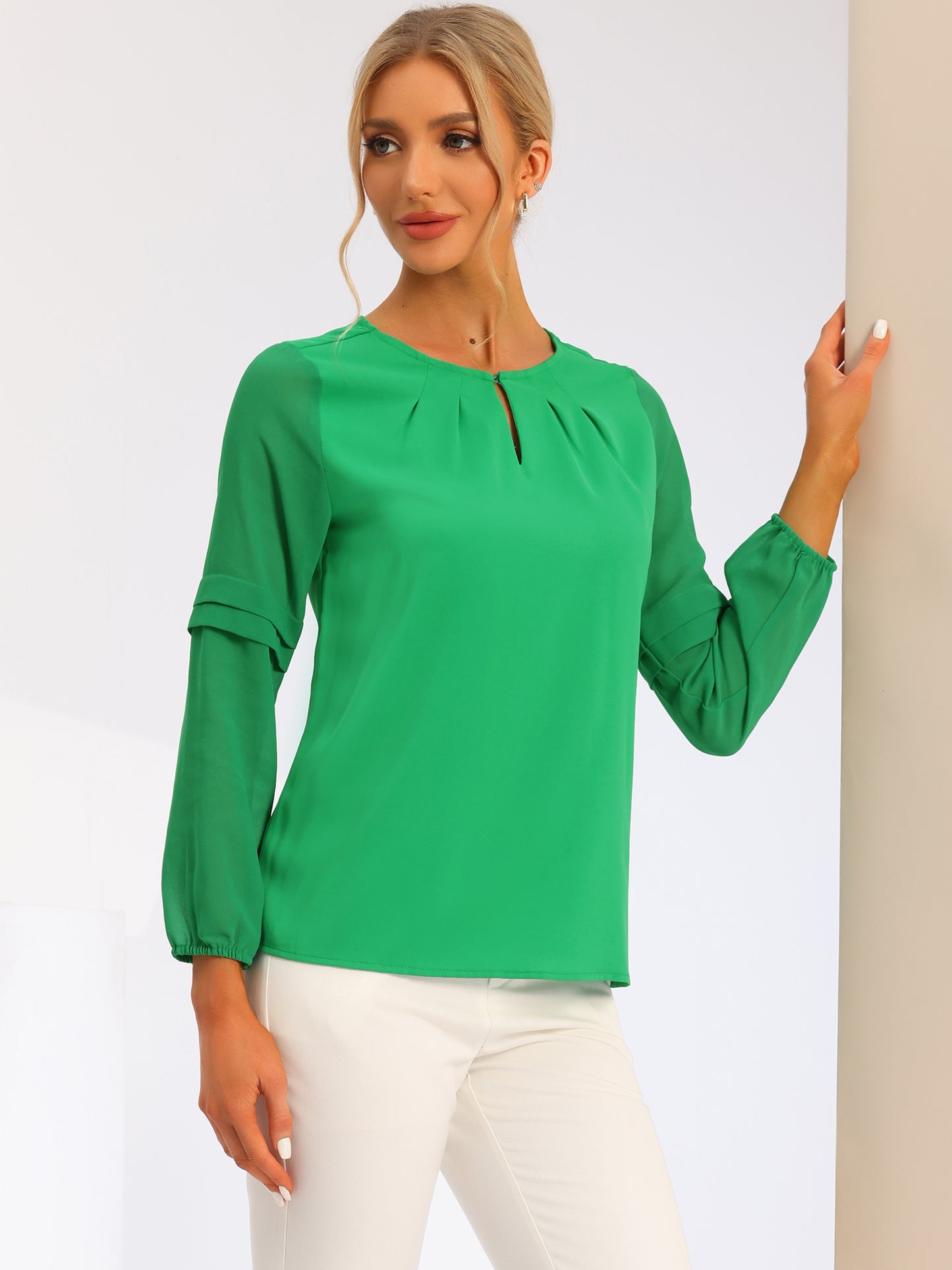 Women's Keyhole Neck Long Sleeve Business Casual Blouse Shirt