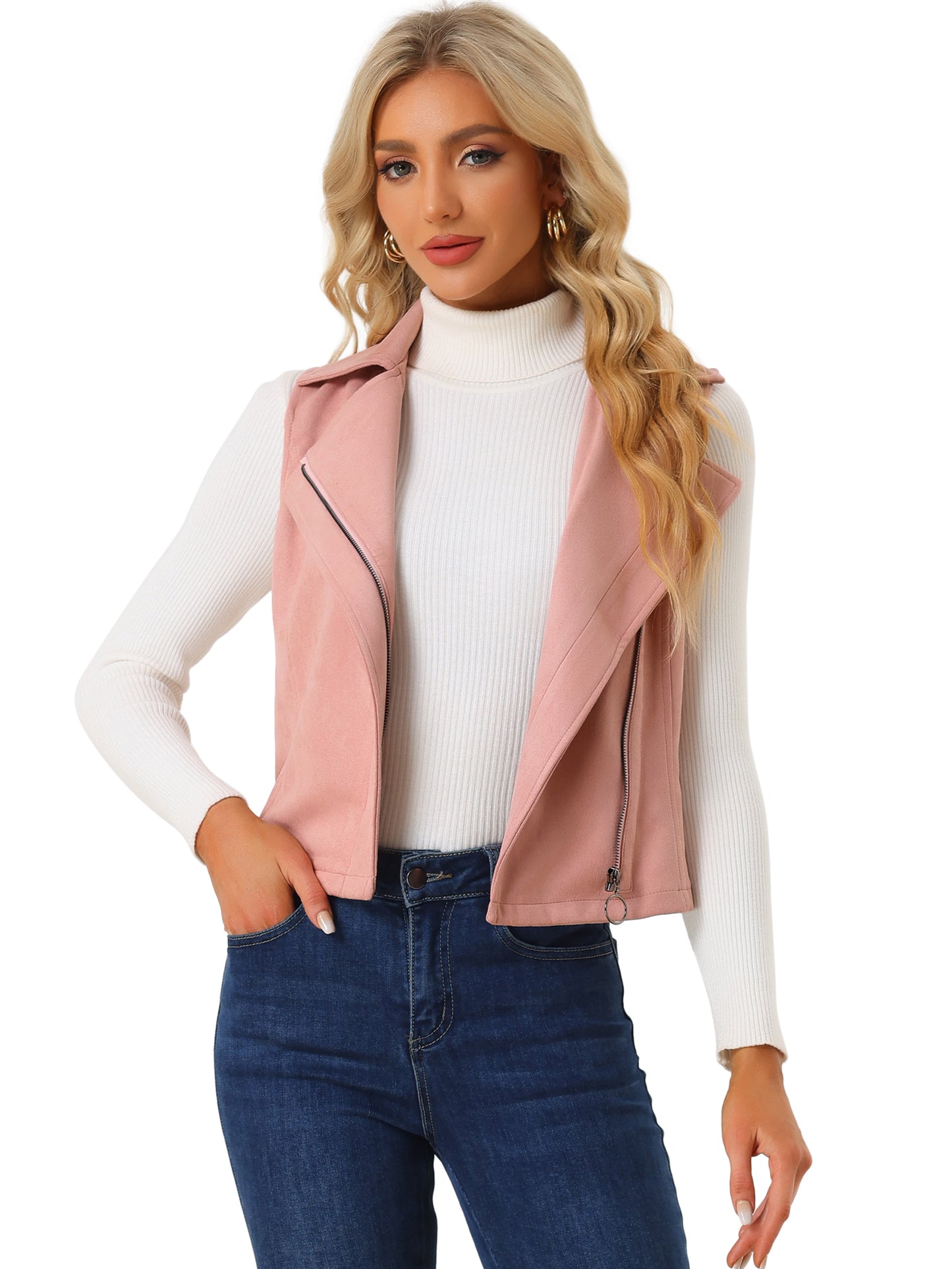 Women's Faux Suede Vest Casual Sleeveless Biker Jacket